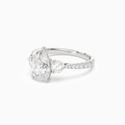 Pear Round Side Three Stone Pavé in Platinum top angle