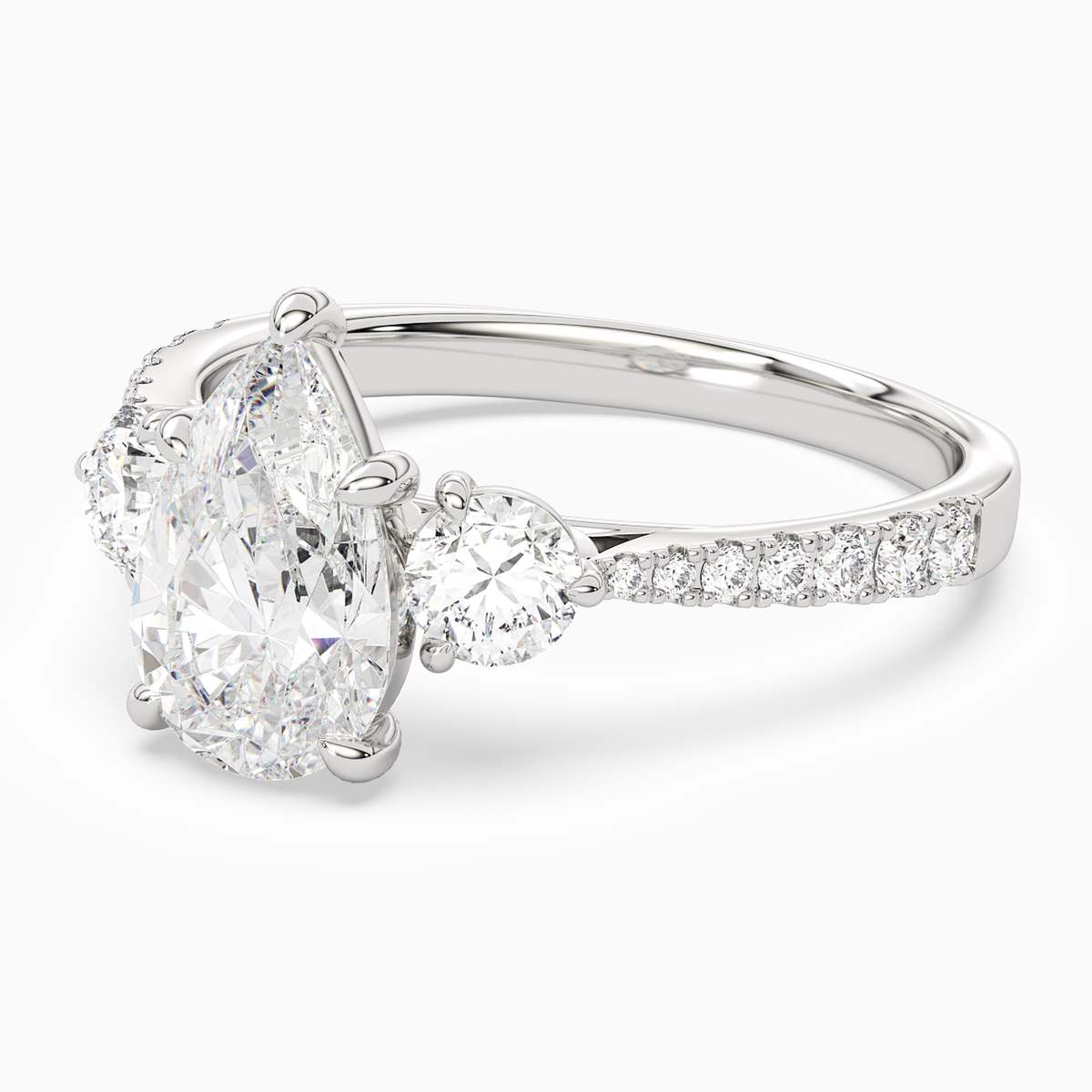 Pear Round Side Three Stone Pavé in Platinum top angle