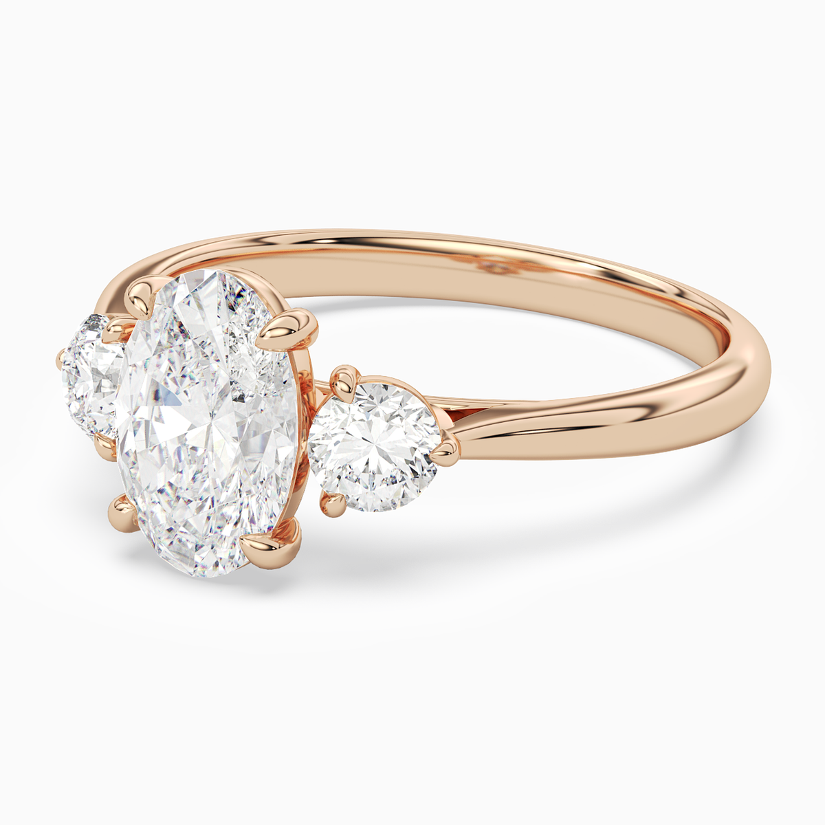 Oval Round Side Three Stone Plain in 14K Rose Gold top angle