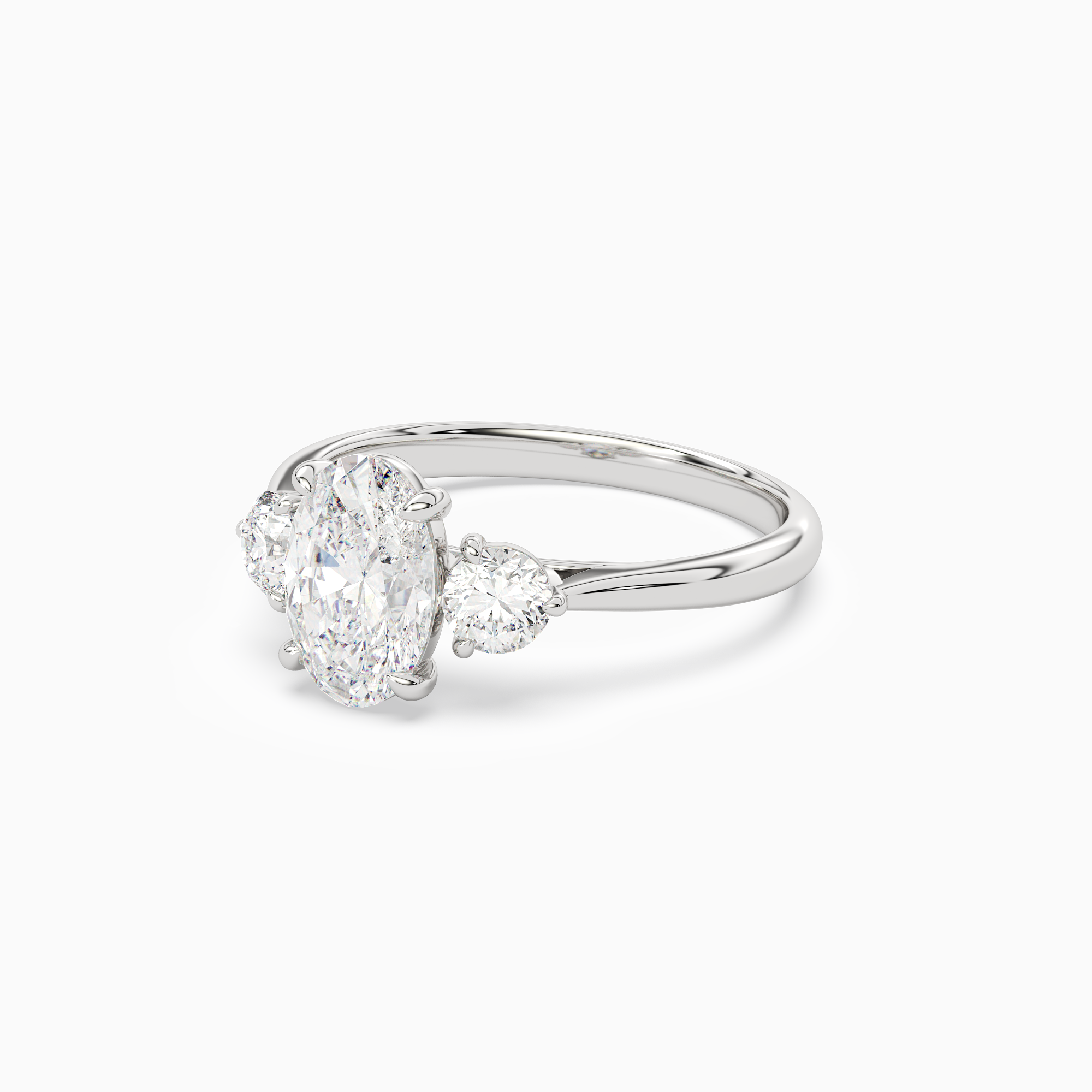 Oval Round Side Three Stone Plain in 14K White Gold top angle