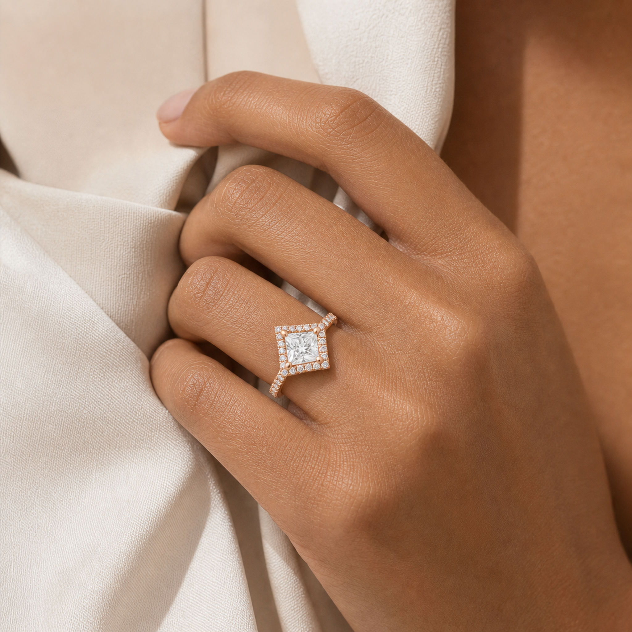Princess Kite Halo Baseline in 14K Rose Gold wearing