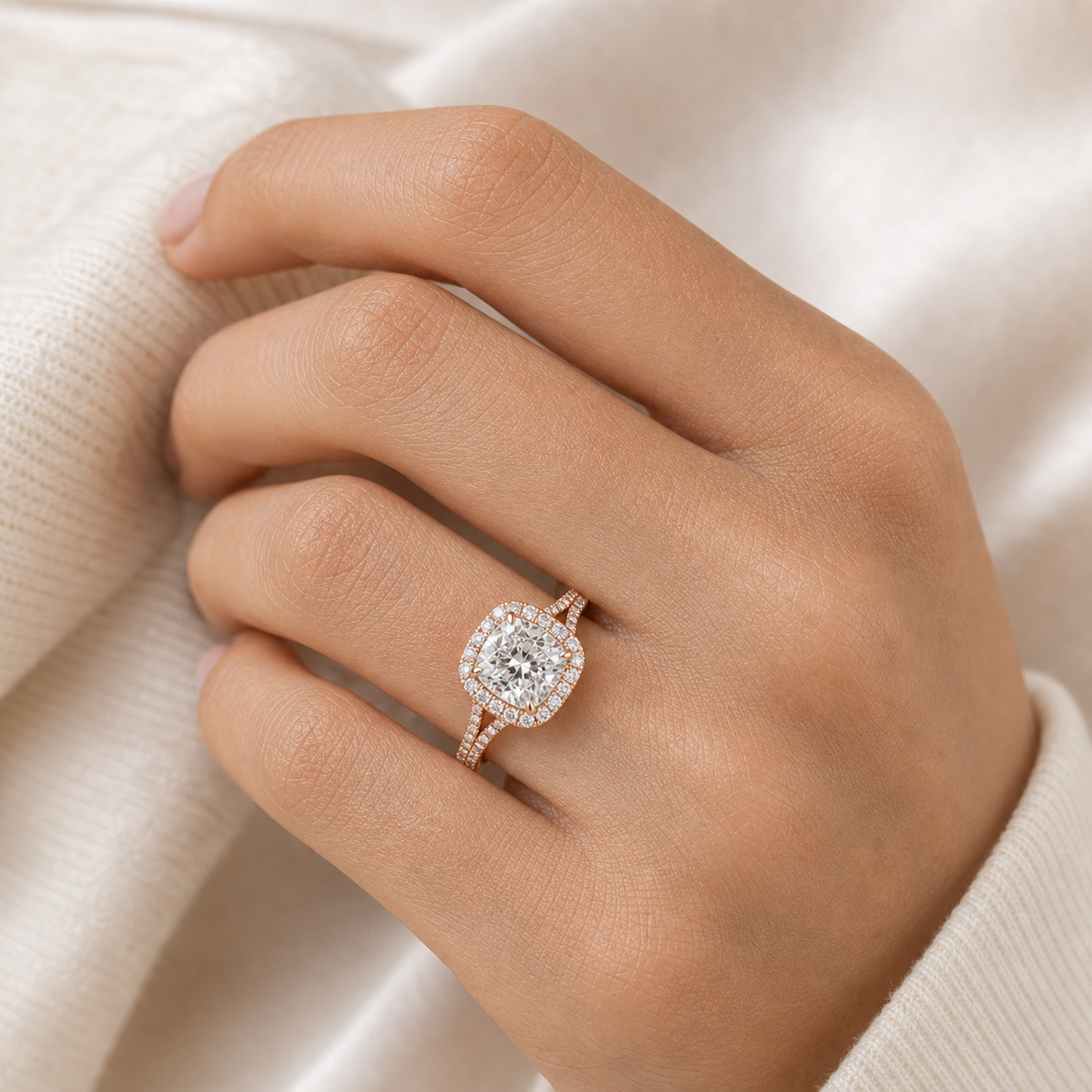 Cushion Classic Halo Split Shank Ring in 14K Rose Gold wearing