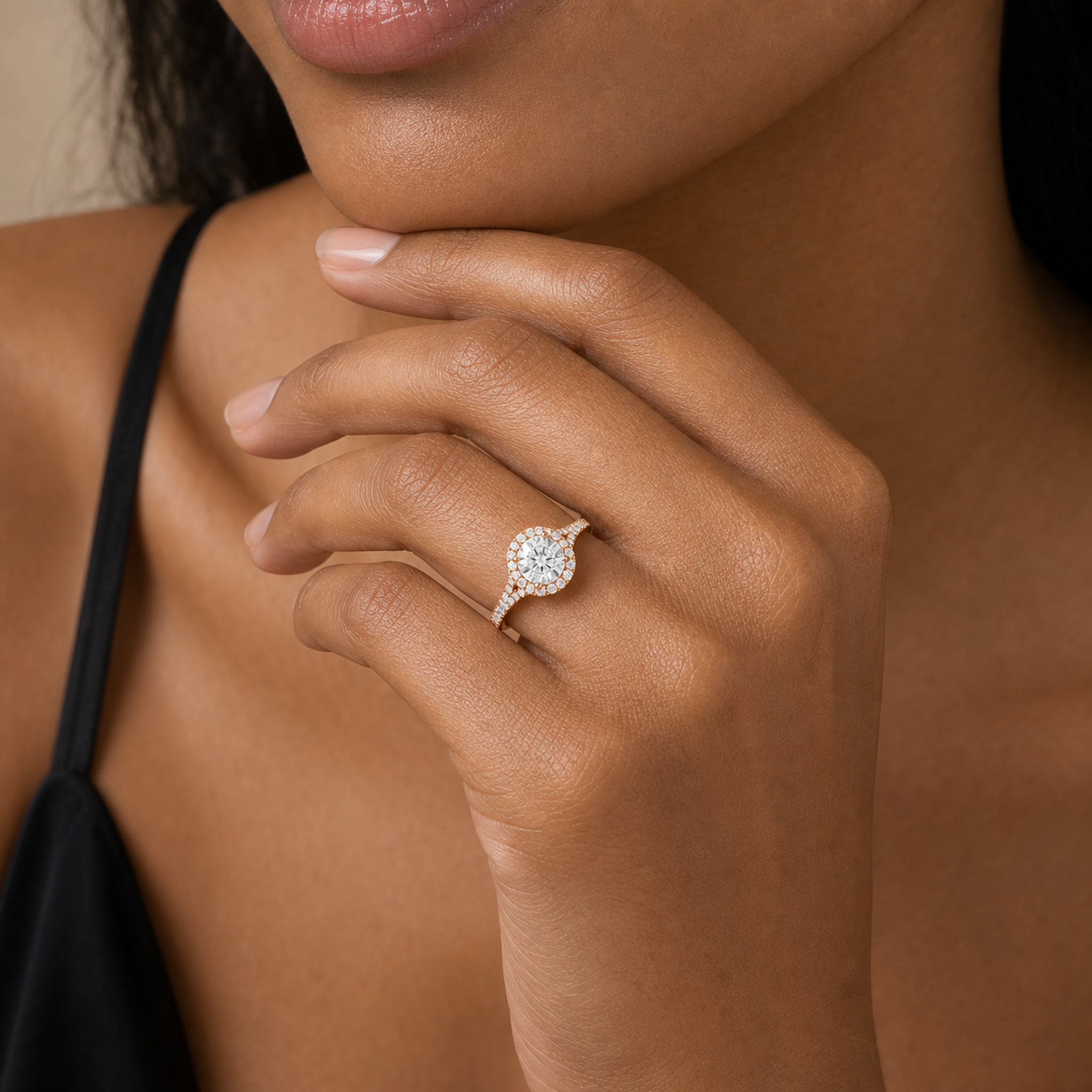 Round Classic Halo Split Shank Ring in 14K Rose Gold wearing