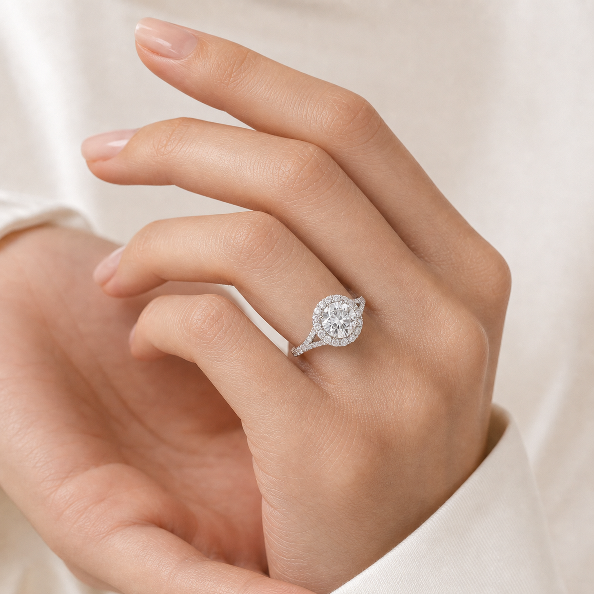 Round Classic Halo Split Shank Ring in 14K White Gold wearing
