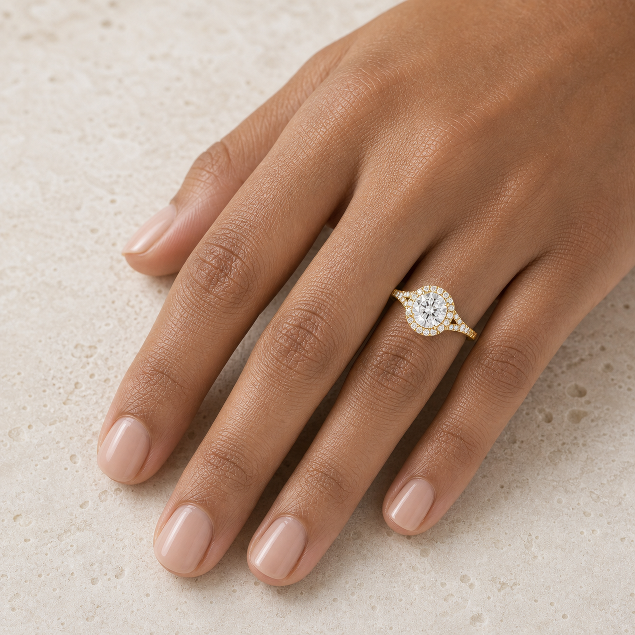 Round Classic Halo Split Shank Ring in 14K Yellow Gold wearing