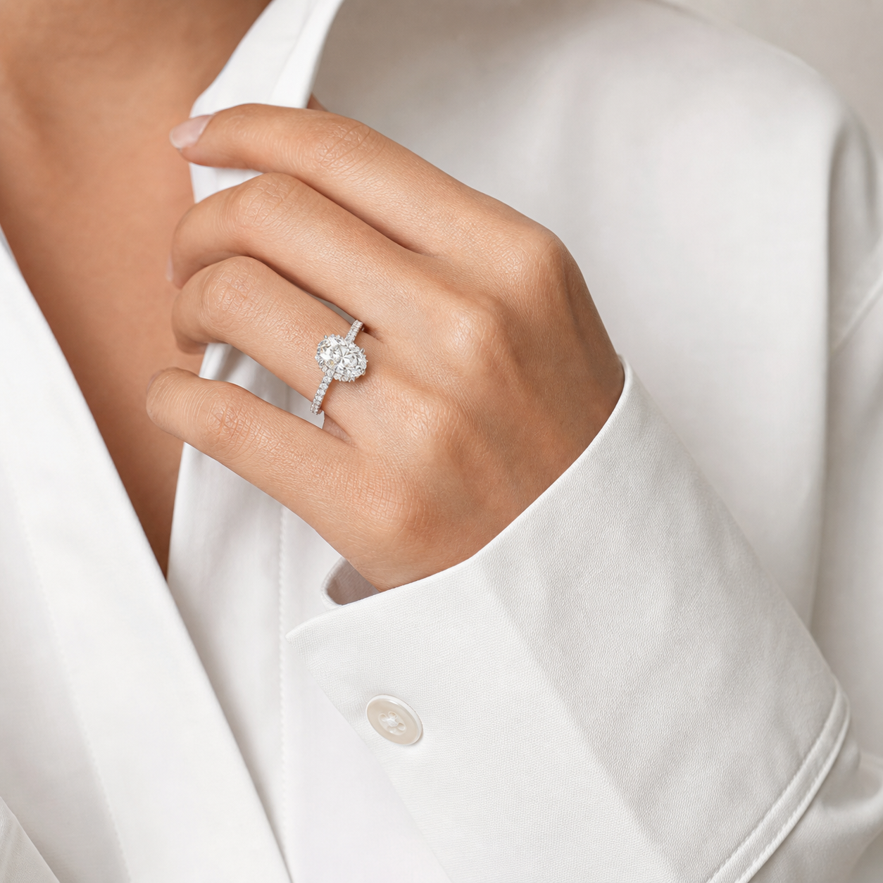 Oval Crown Halo Pavé in 18K White Gold wearing