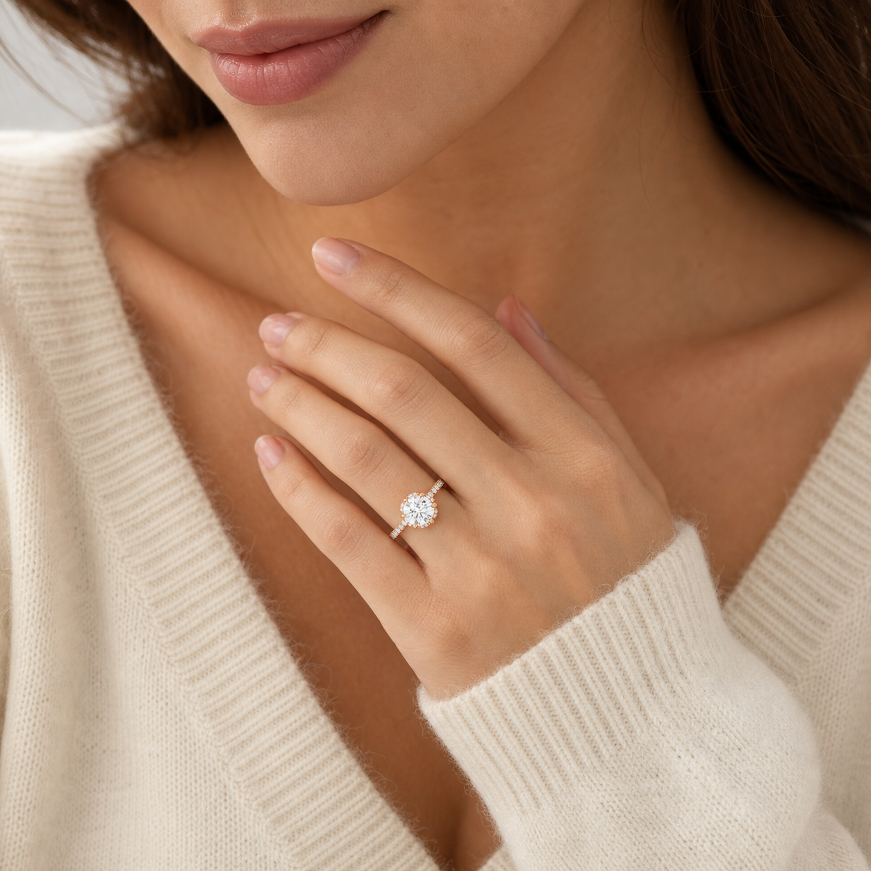 Round Crown Halo Pavé in 14K Rose Gold wearing