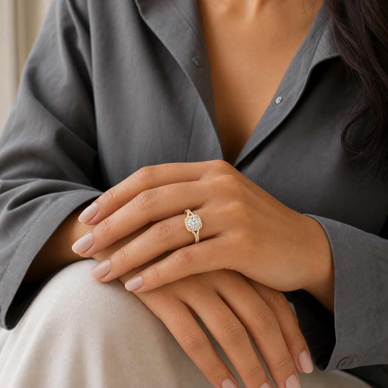Cushion Twisted Shank Halo in 18K Yellow Gold wearing