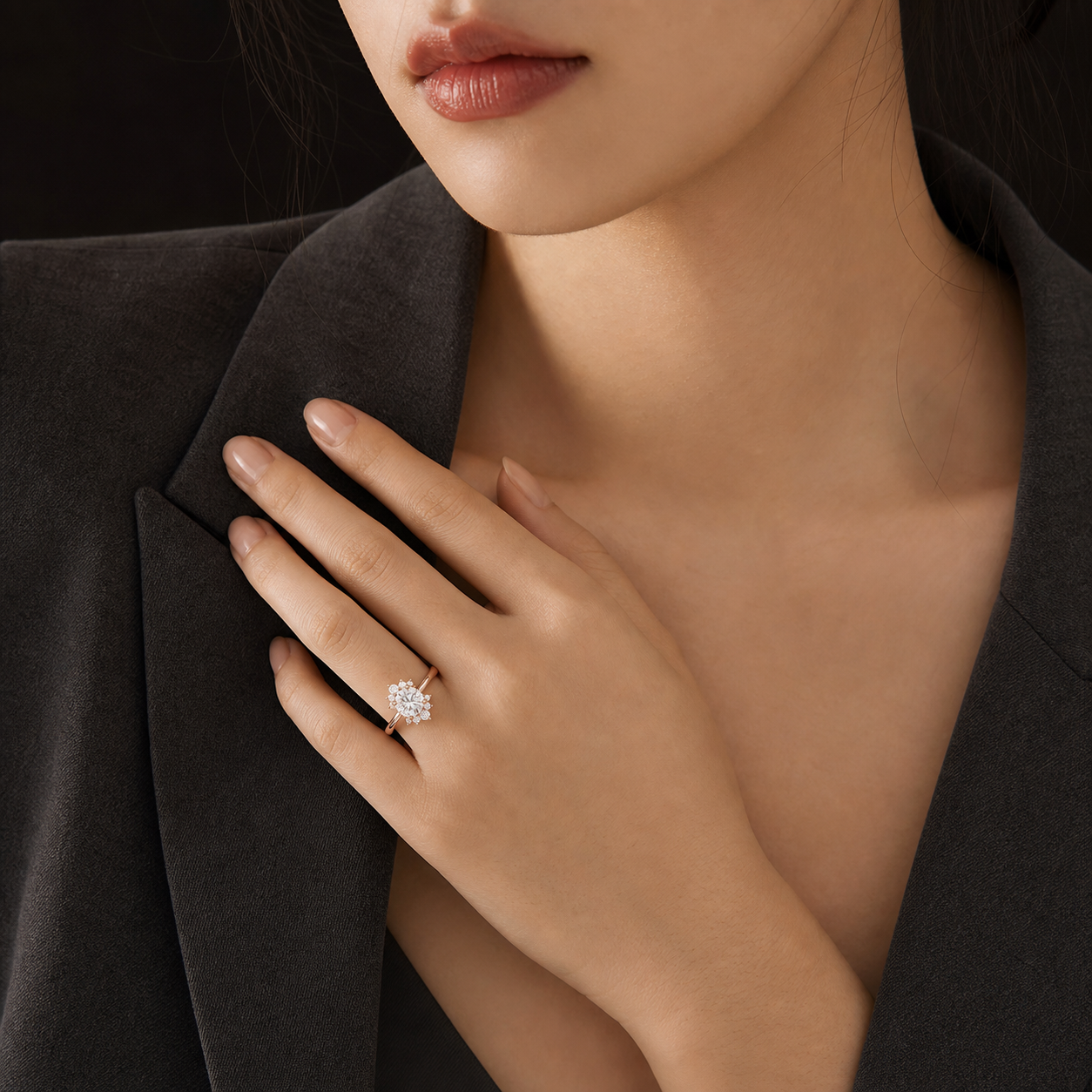 Round Floral Cluster Halo in 14K Yellow Gold wearing