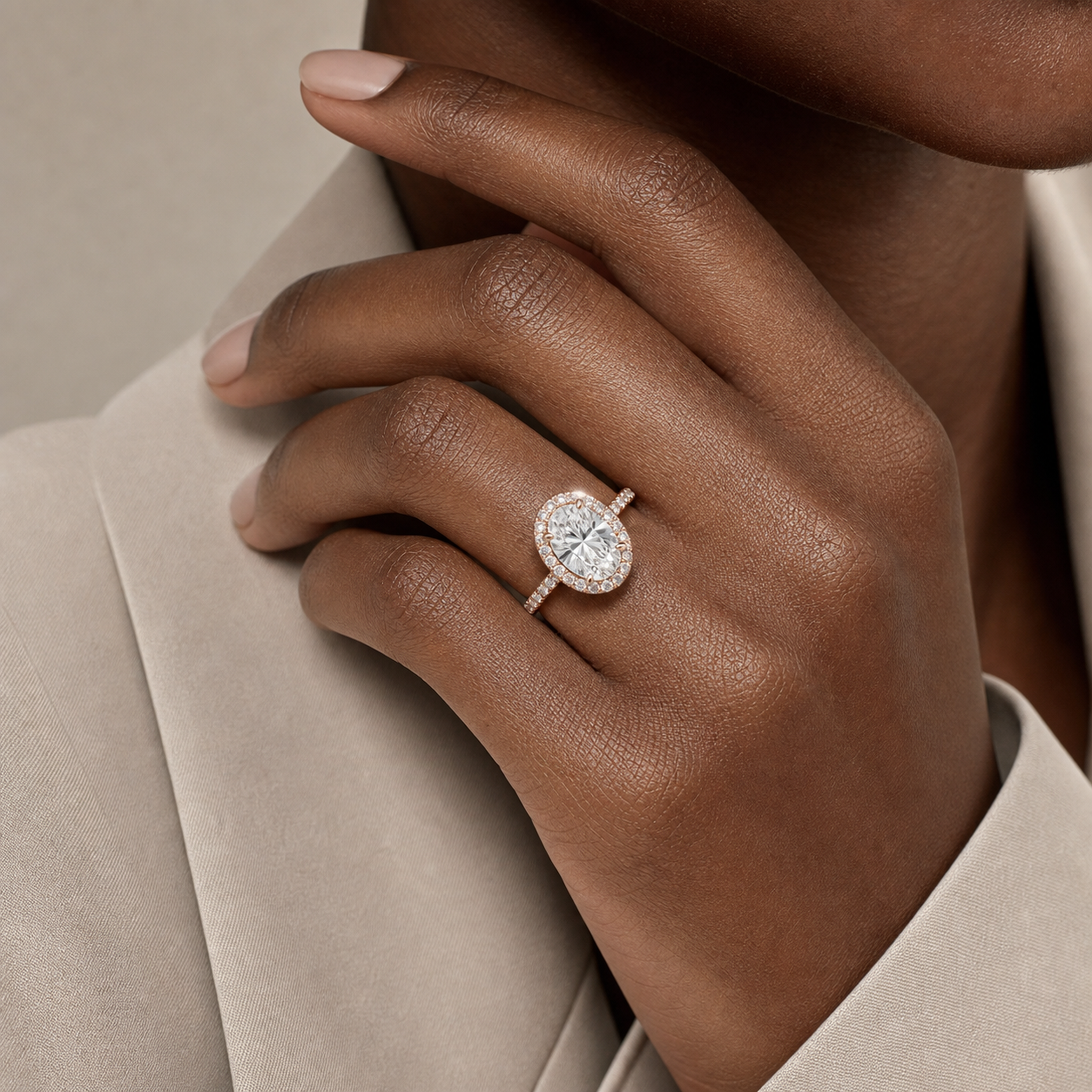 Oval Regal Halo Pavé in 14K Rose Gold wearing