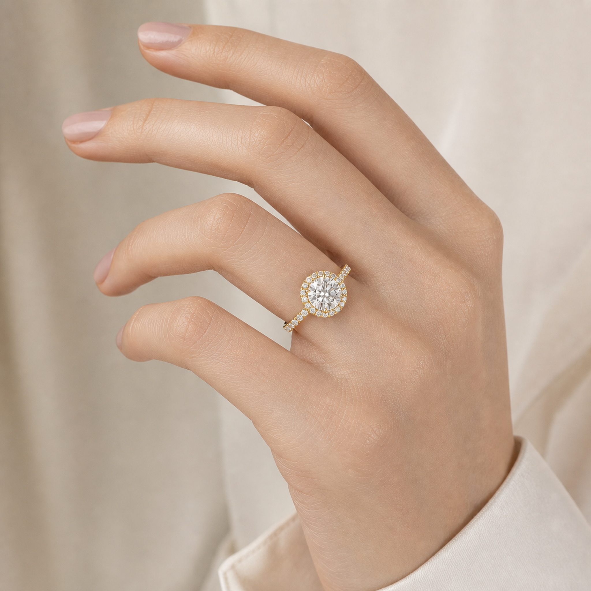 Round Regal Halo Pavé in 14K Yellow Gold wearing