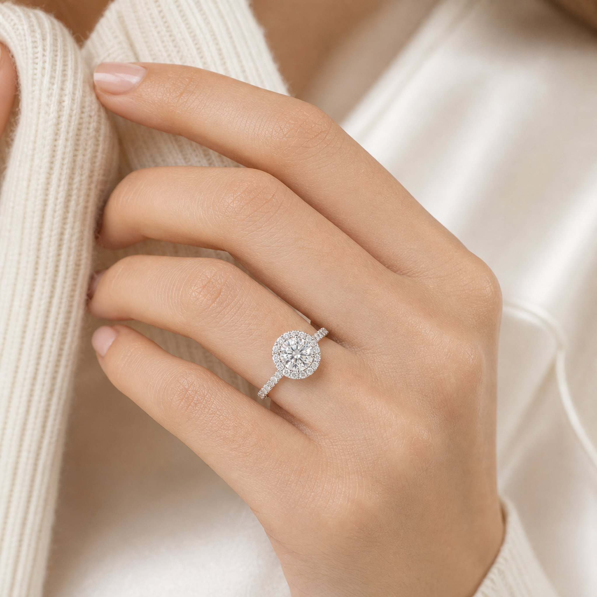 Round Regal Halo Pavé in 18K White Gold wearing