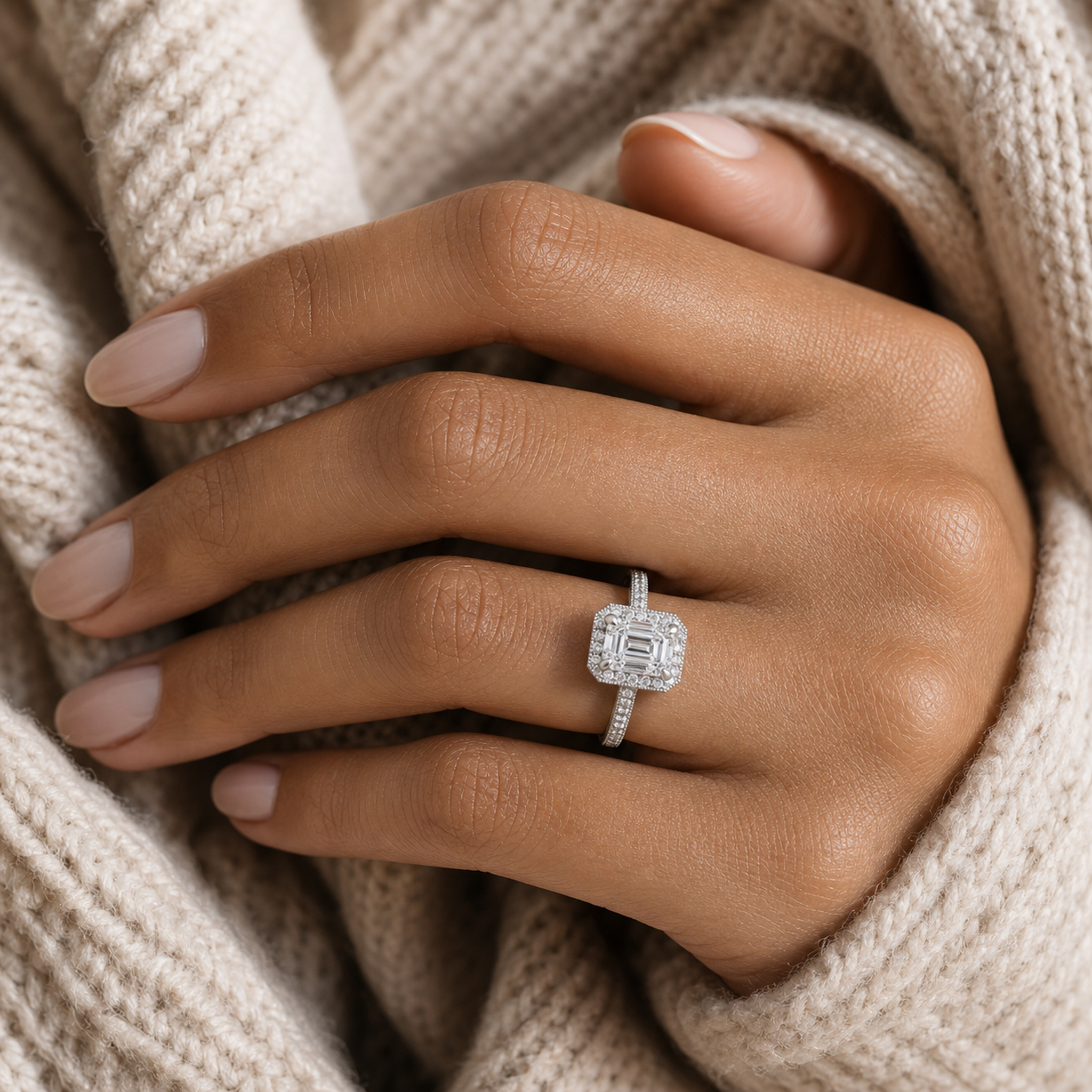 Emerald Octagon Halo in 14K White Gold wearing