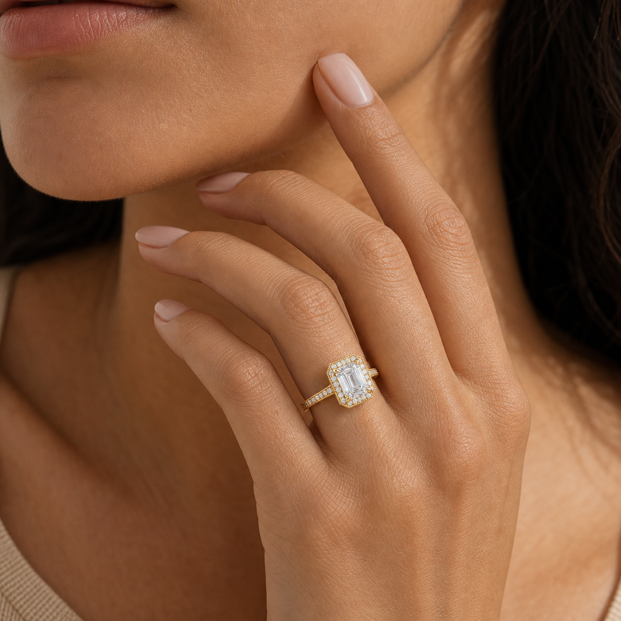 Emerald Octagon Halo in 18K Yellow Gold wearing