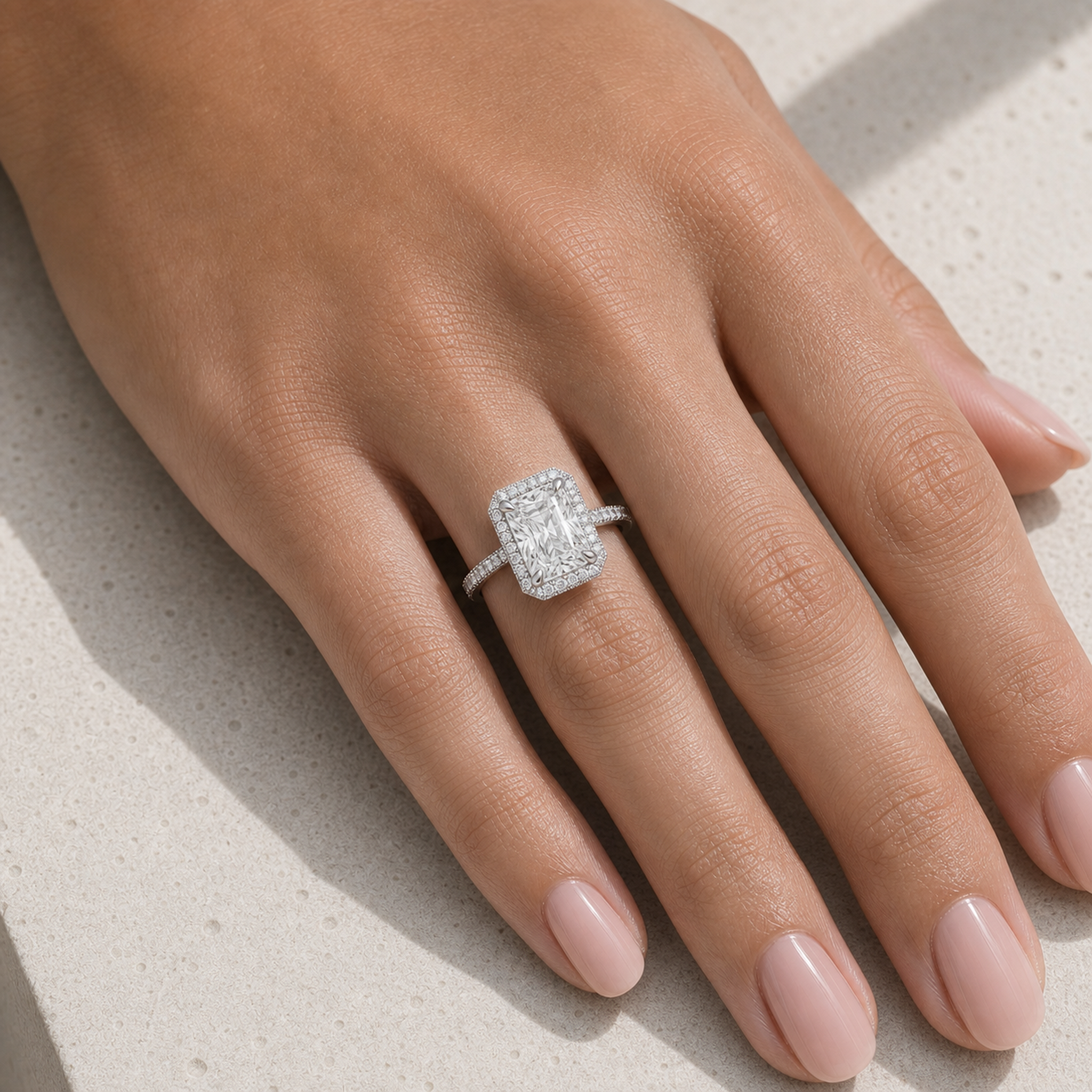 Radiant Octagon Halo in 18K White Gold wearing