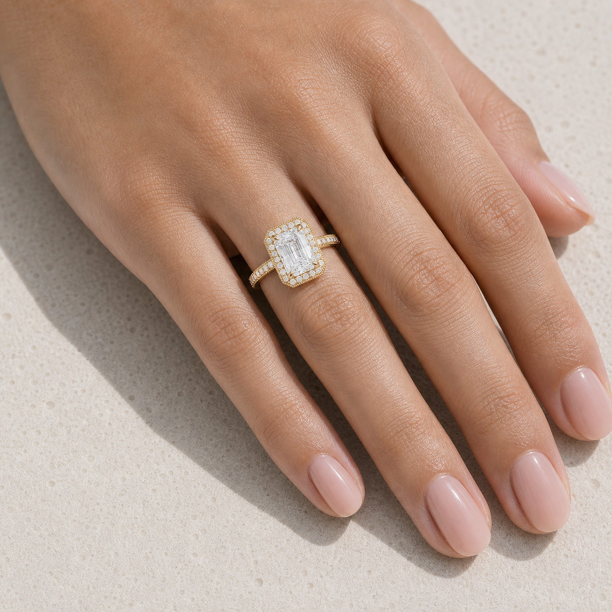 Radiant Octagon Halo in 18K Yellow Gold wearing