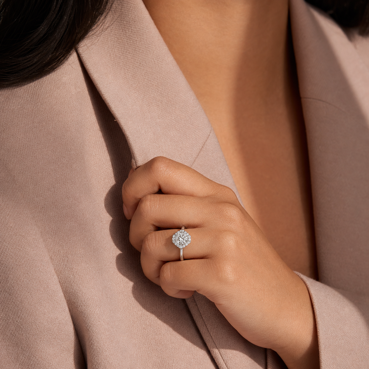 Round Halo in Platinum wearing