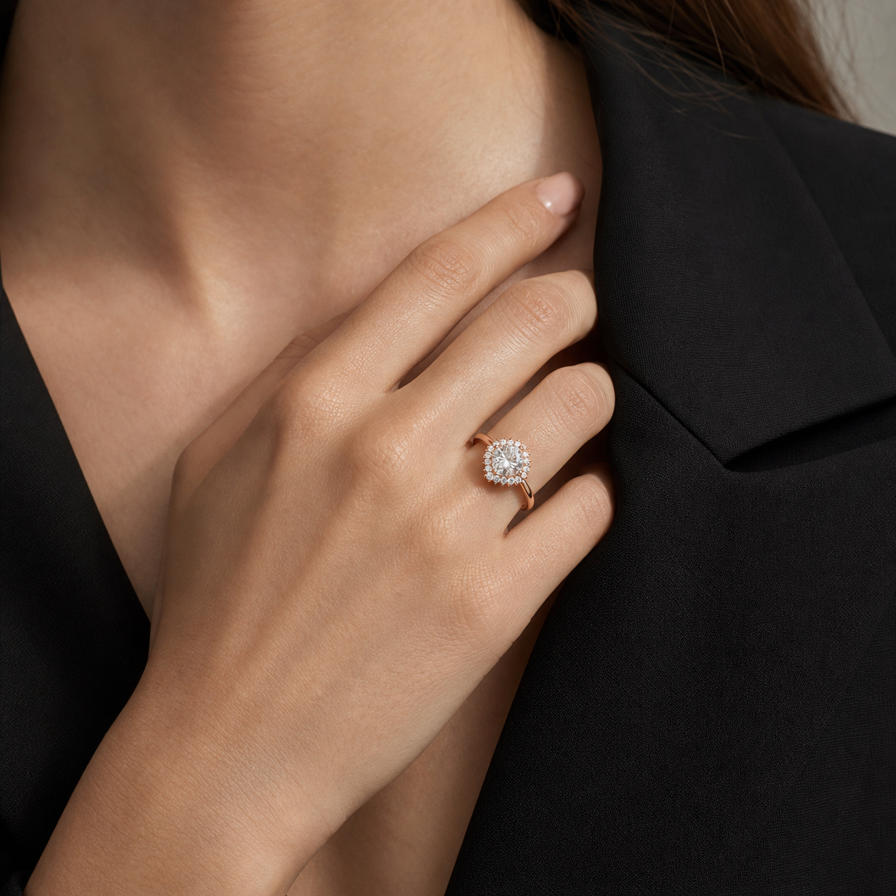 Cushion Cluster Halo in 14K Rose Gold wearing