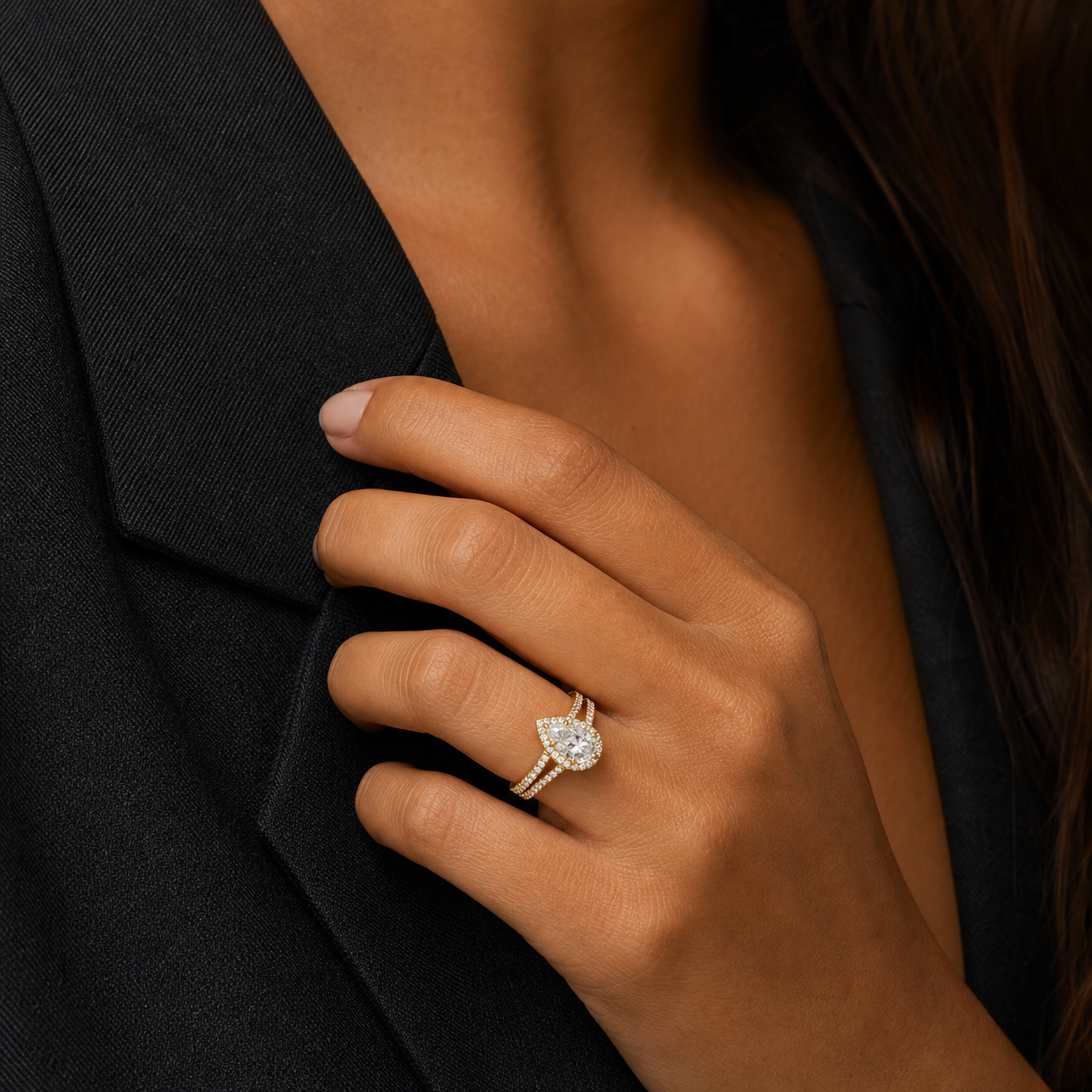 Pear Split Shank Halo in 14K Yellow Gold wearing