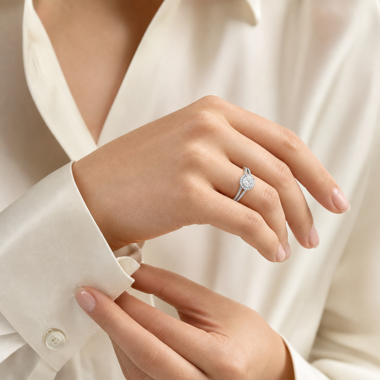 Round Split Shank Halo in 14K White Gold wearing