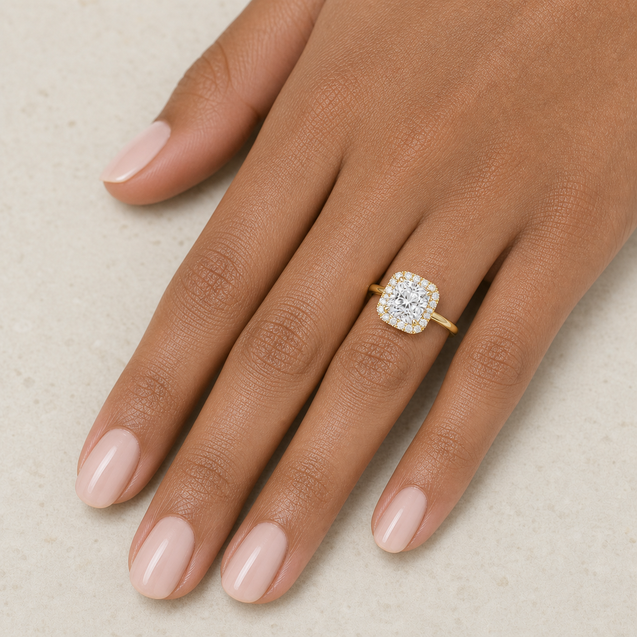 Cushion Scalloped Halo Baseline in 14K Yellow Gold wearing