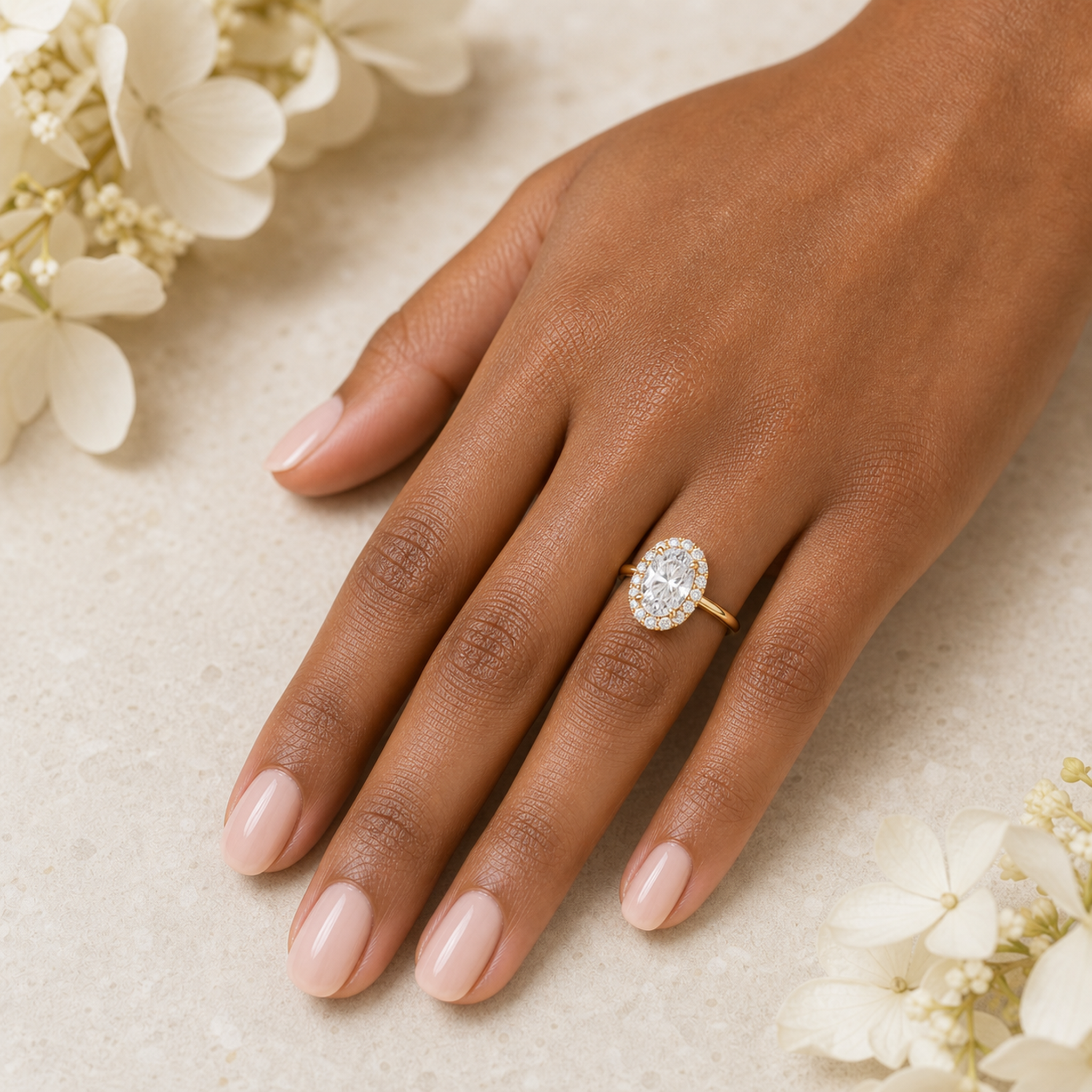 Oval Scalloped Halo Baseline in 14K Yellow Gold wearing