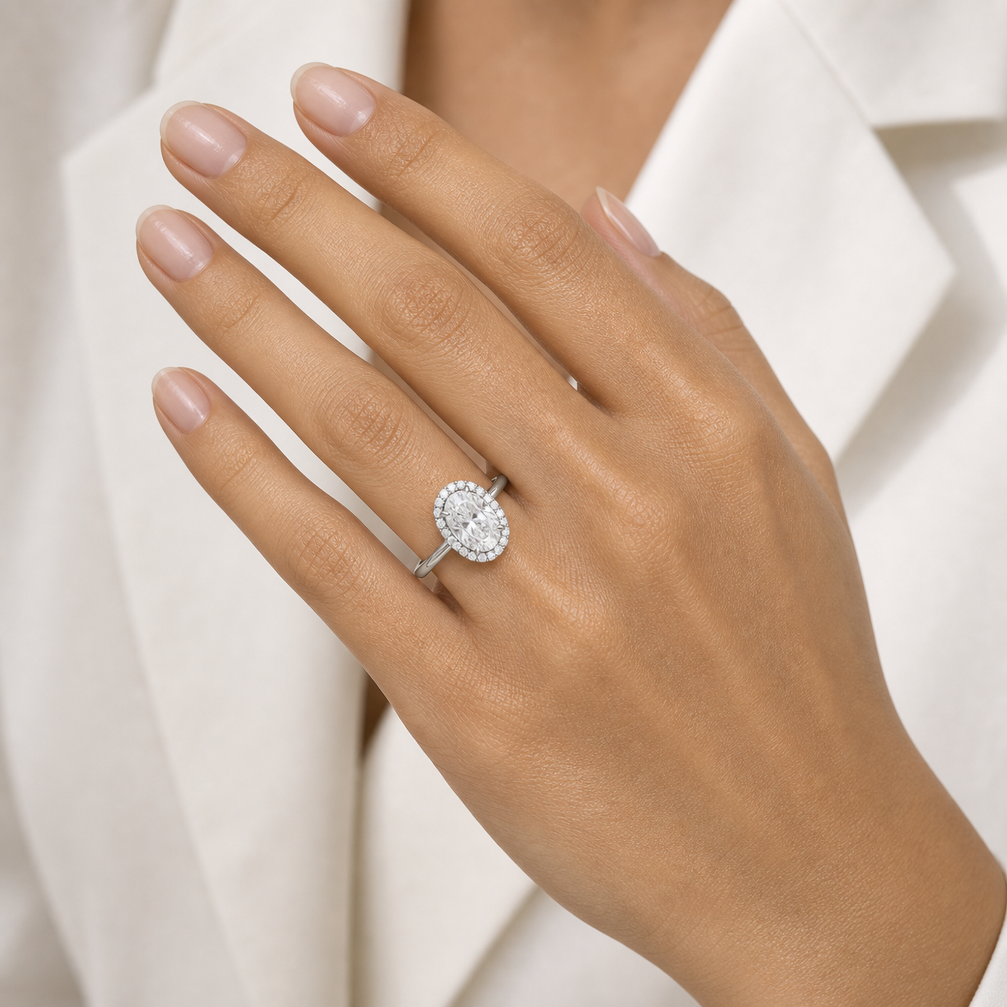 Oval Scalloped Halo Baseline in Platinum wearing