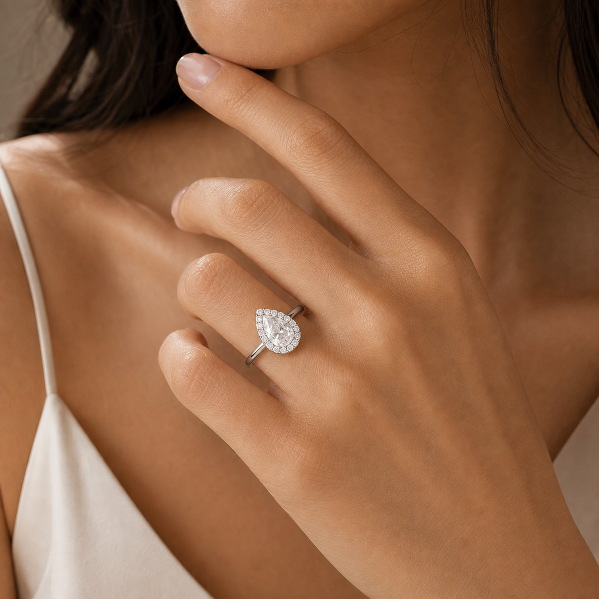 Pear Scalloped Halo Baseline in 14K White Gold wearing