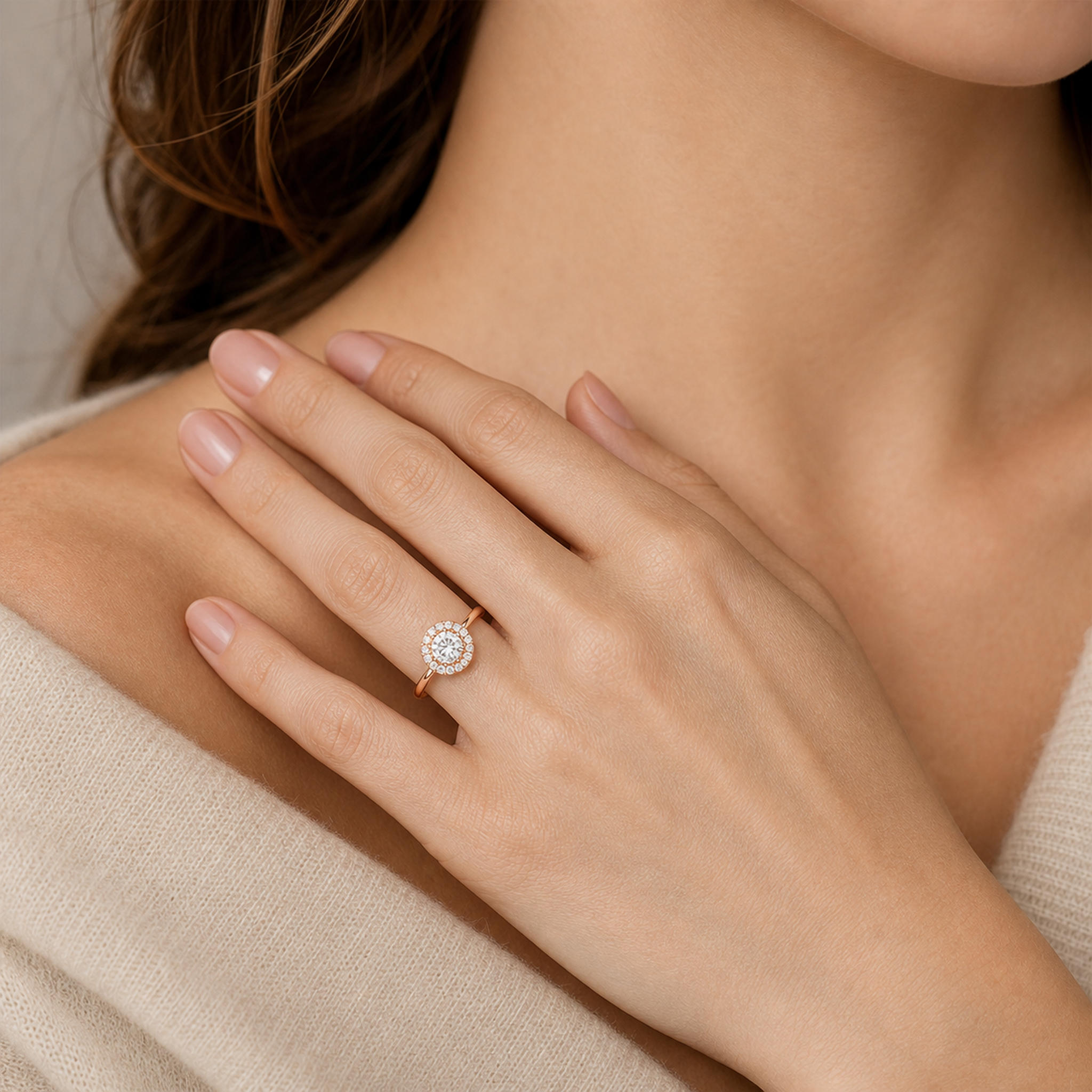 Round Scalloped Halo Baseline in 14K Rose Gold wearing