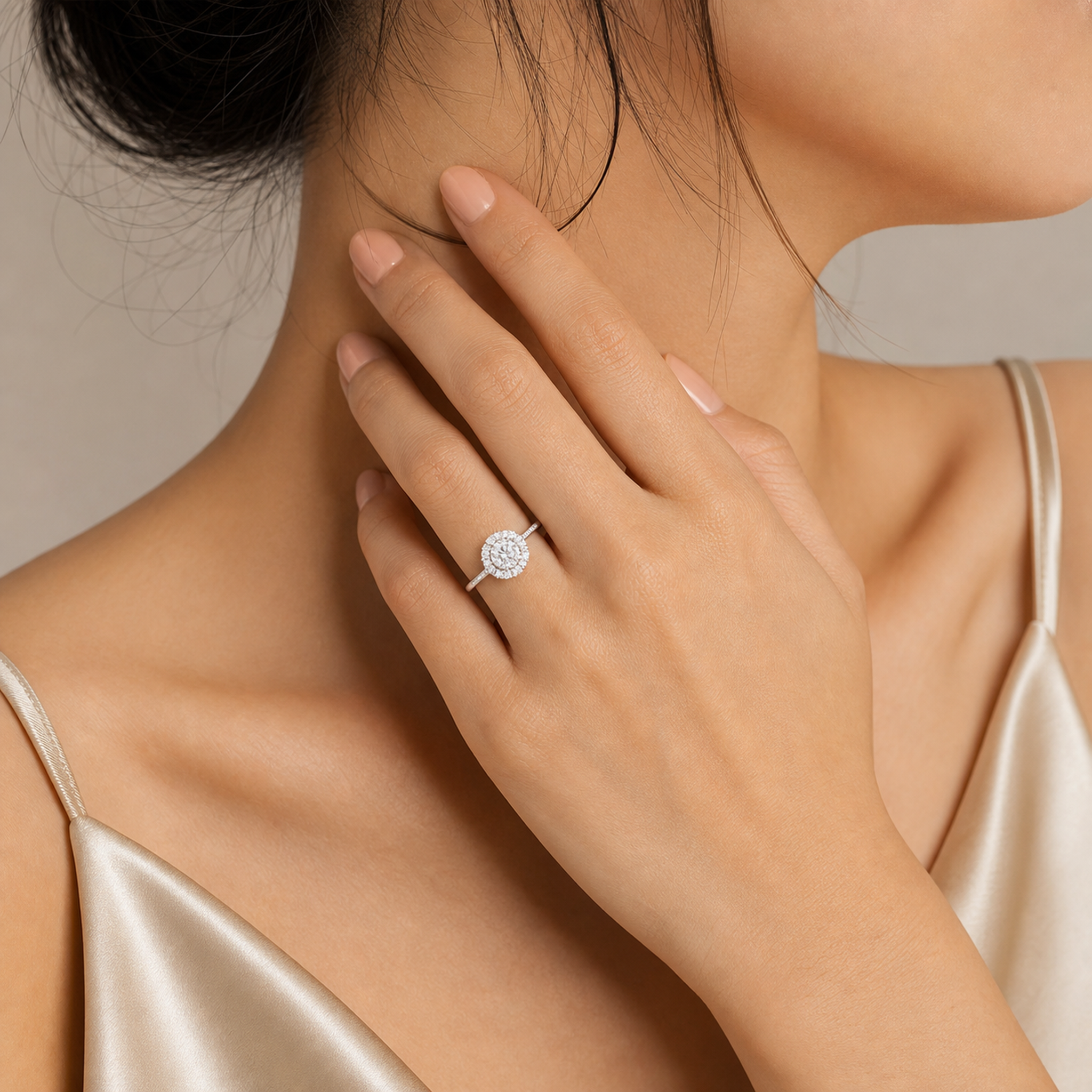 Round Scalloped Halo Baseline in 14K White Gold wearing