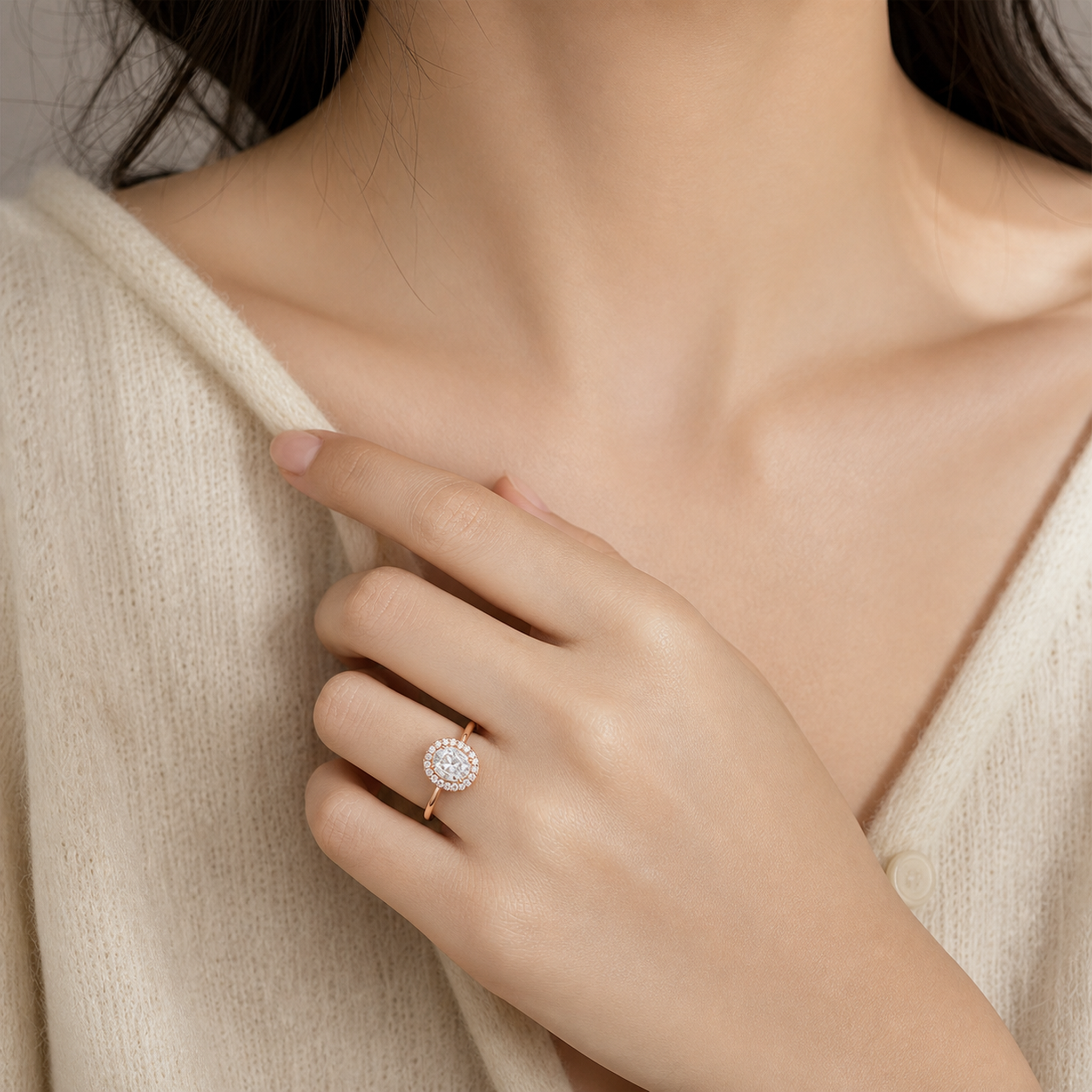 Oval Scalloped Halo Pavé in 14K Rose Gold wearing