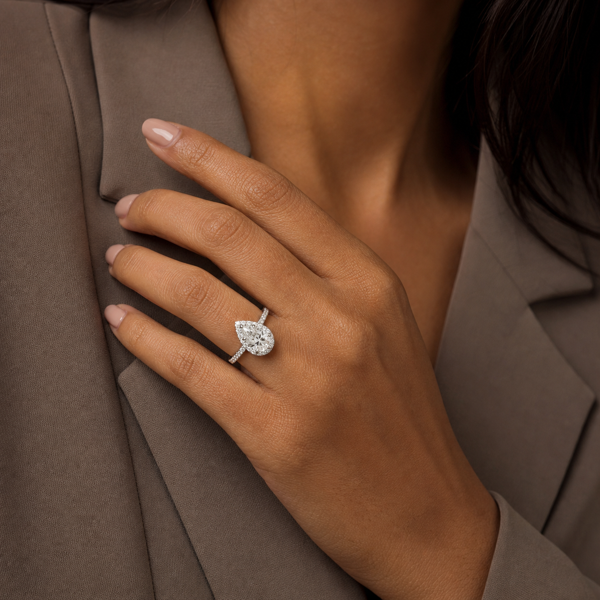 Pear Scalloped Halo Pavé in Platinum wearing
