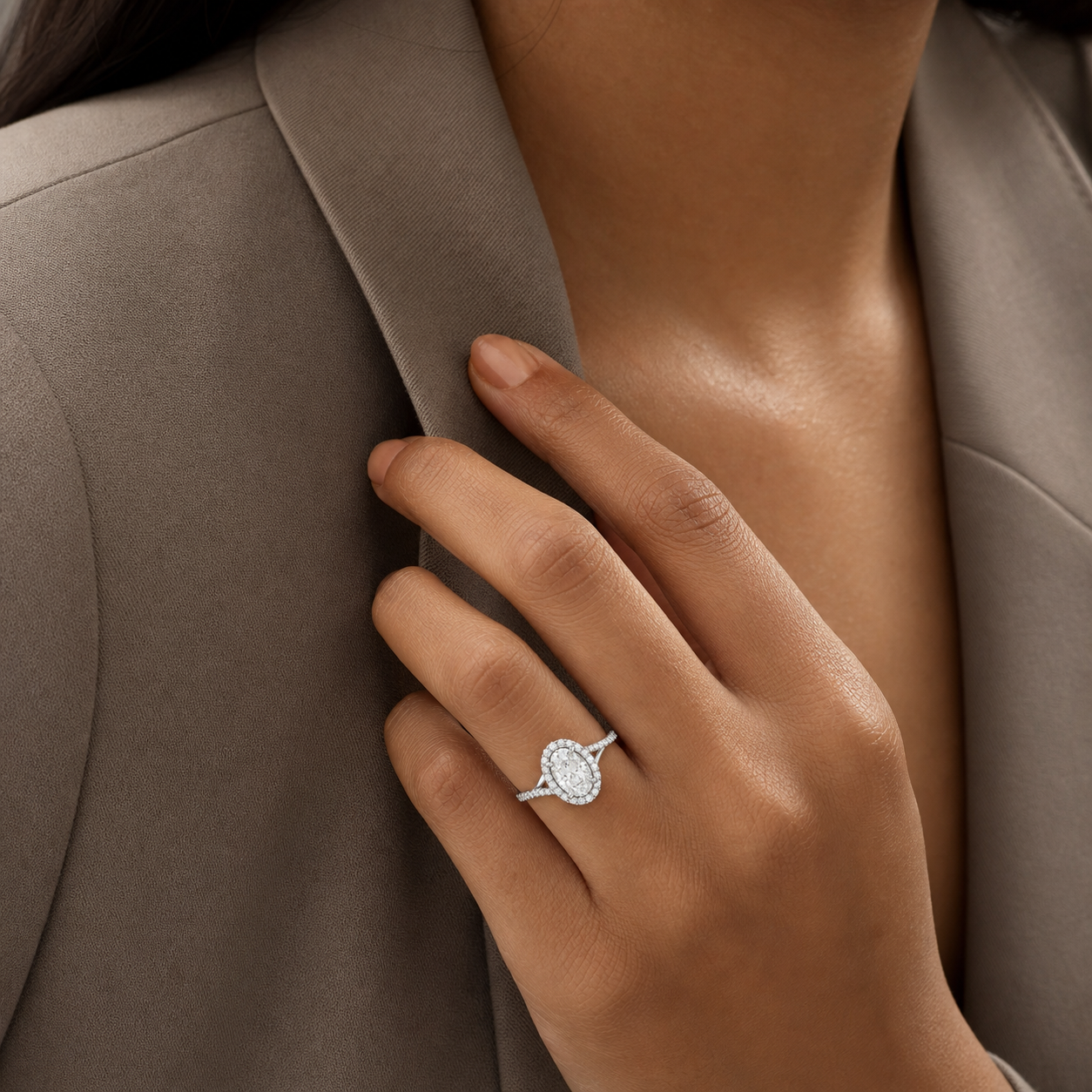 Oval Twisted Halo in 14K White Gold wearing