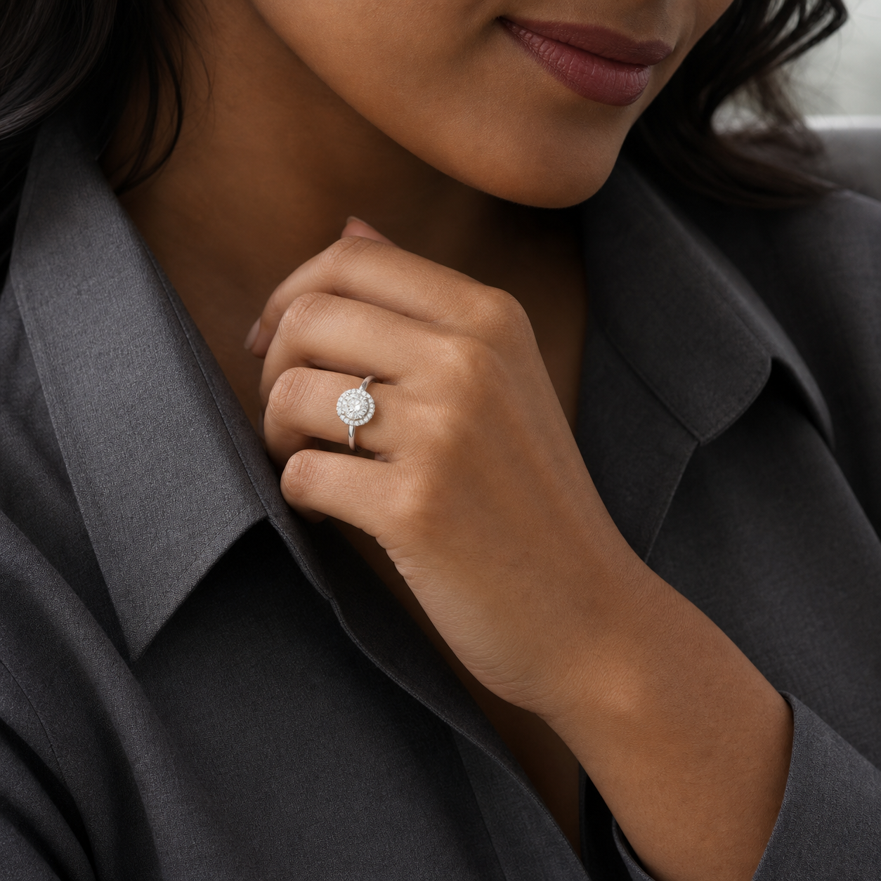 Round Compact Halo in 14K White Gold wearing