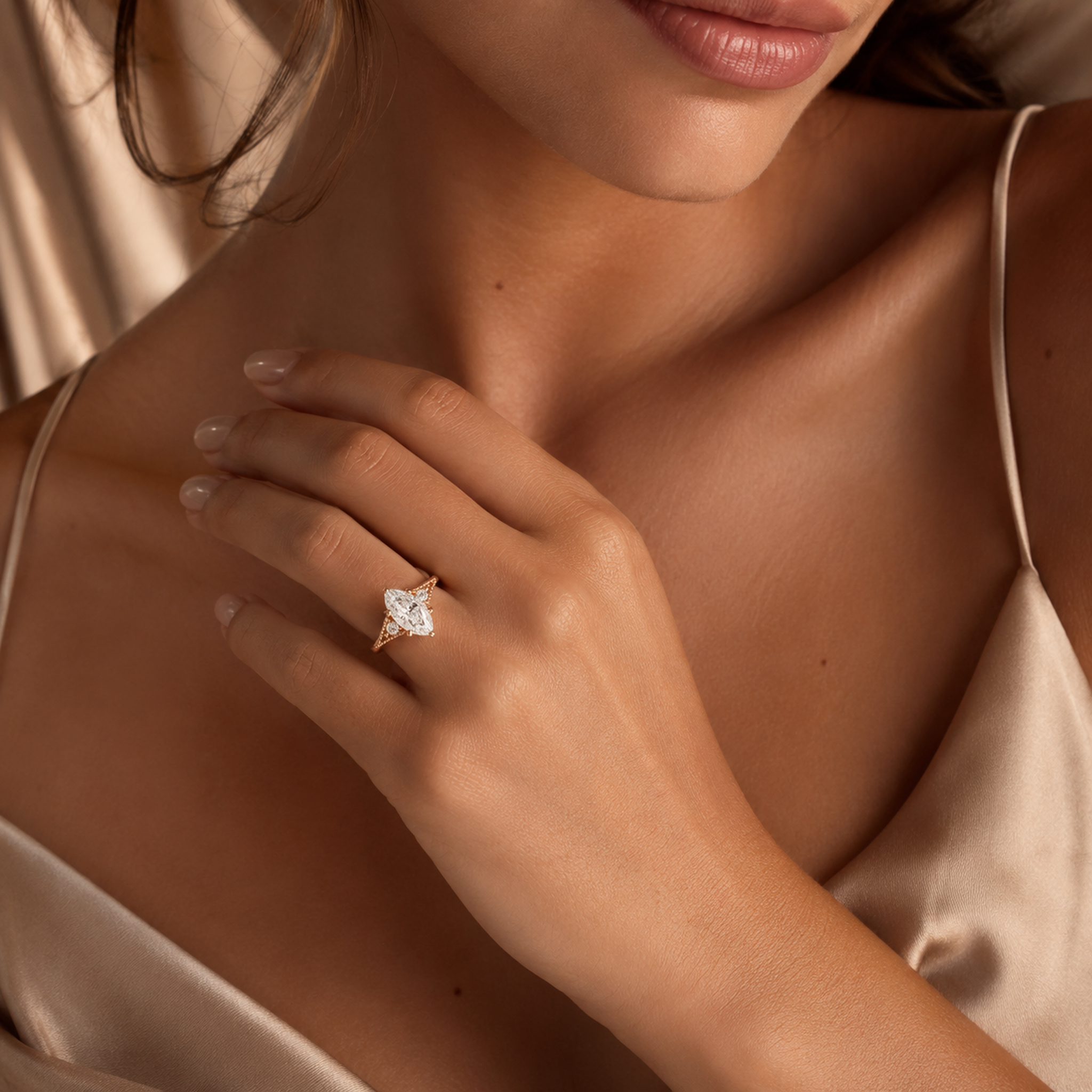 Marquise Milgrain Shoulder Side Stone Ring in 14K Rose Gold wearing