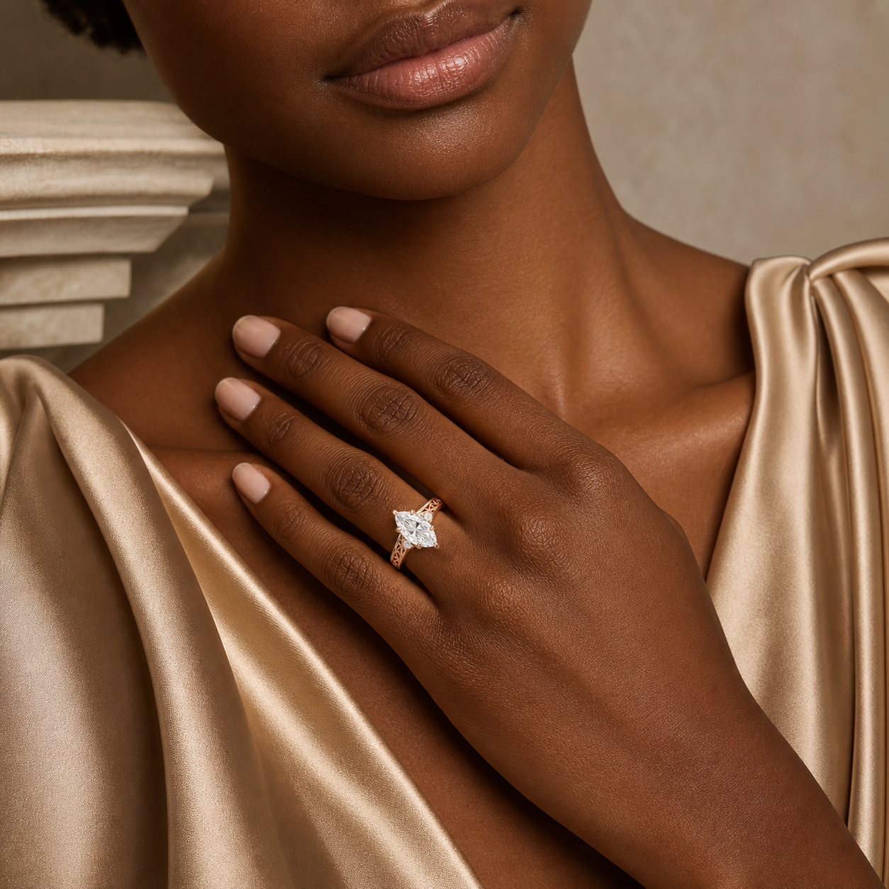 Marquise Engraved Vintage Side Stone Ring in 18K Yellow Gold wearing