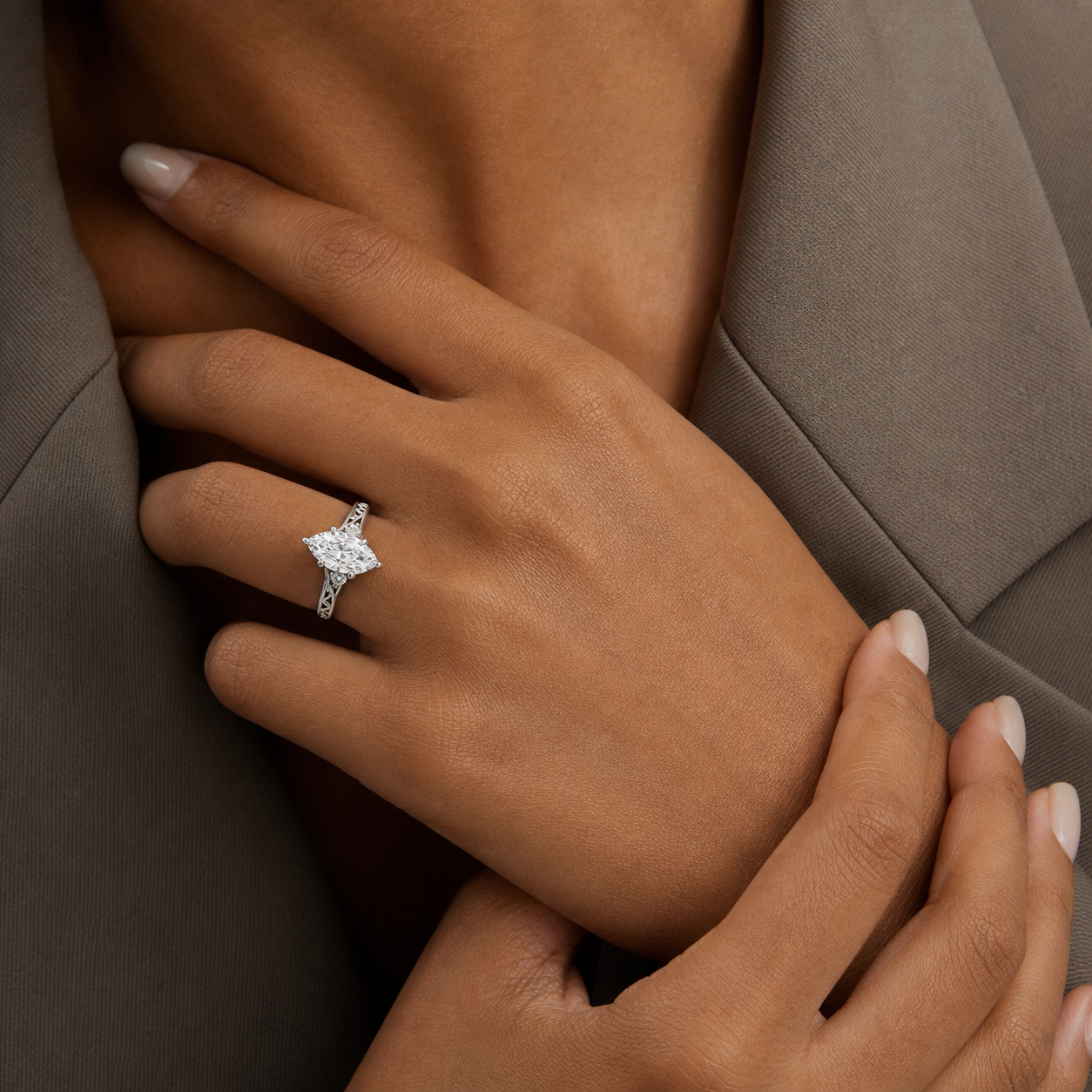 Marquise Engraved Vintage Side Stone Ring in Platinum wearing