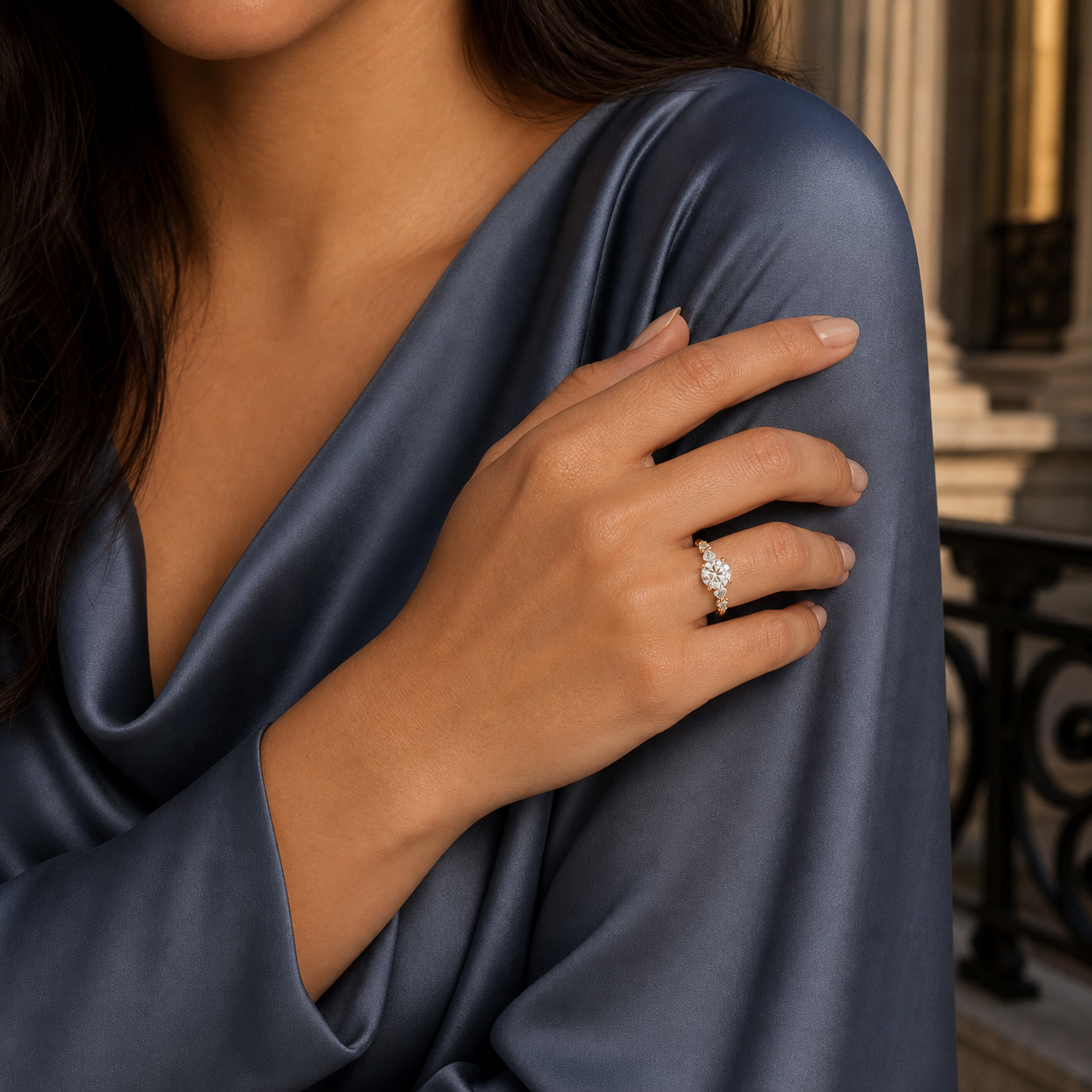 Round Crescent Pear Side Stone in 14K Yellow Gold wearing