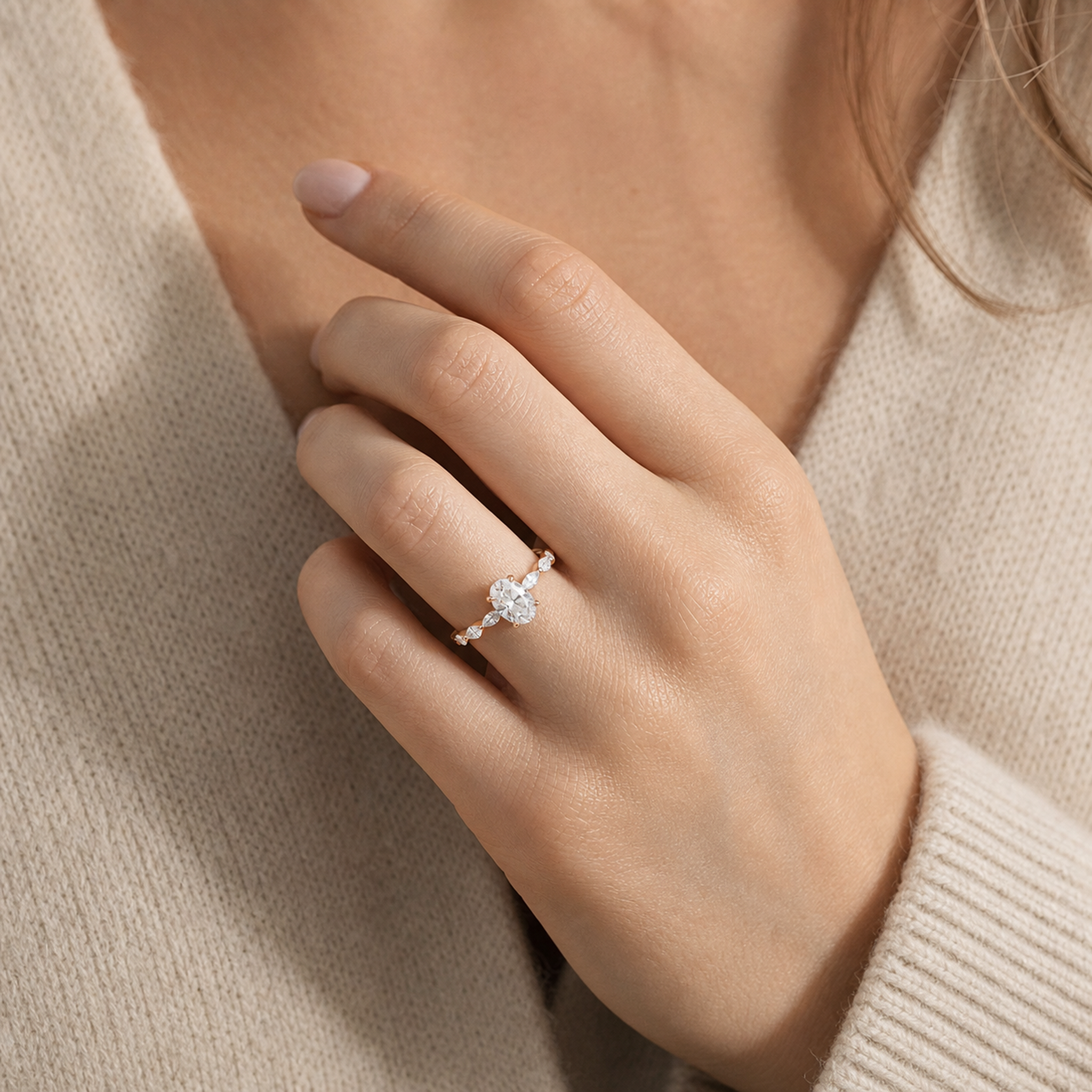 Oval Mixed-Shaped Shoulder Accent Ring in 14K Rose Gold wearing