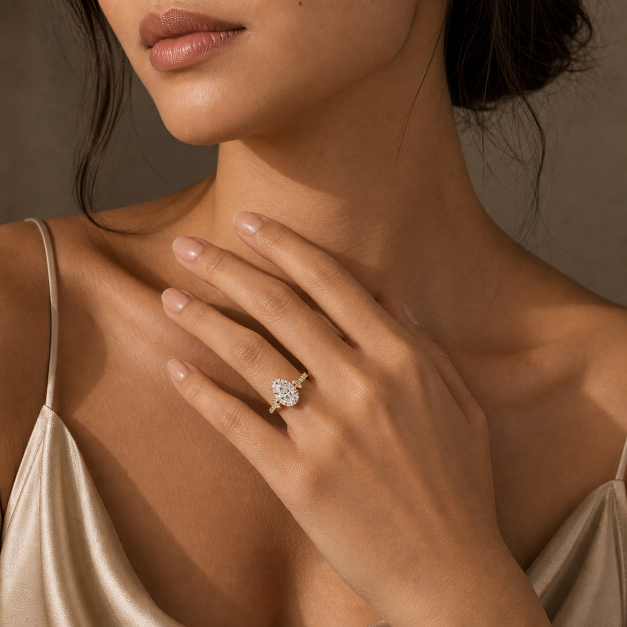 Oval Mixed-Shaped Shoulder Accent Ring in 18K Yellow Gold wearing