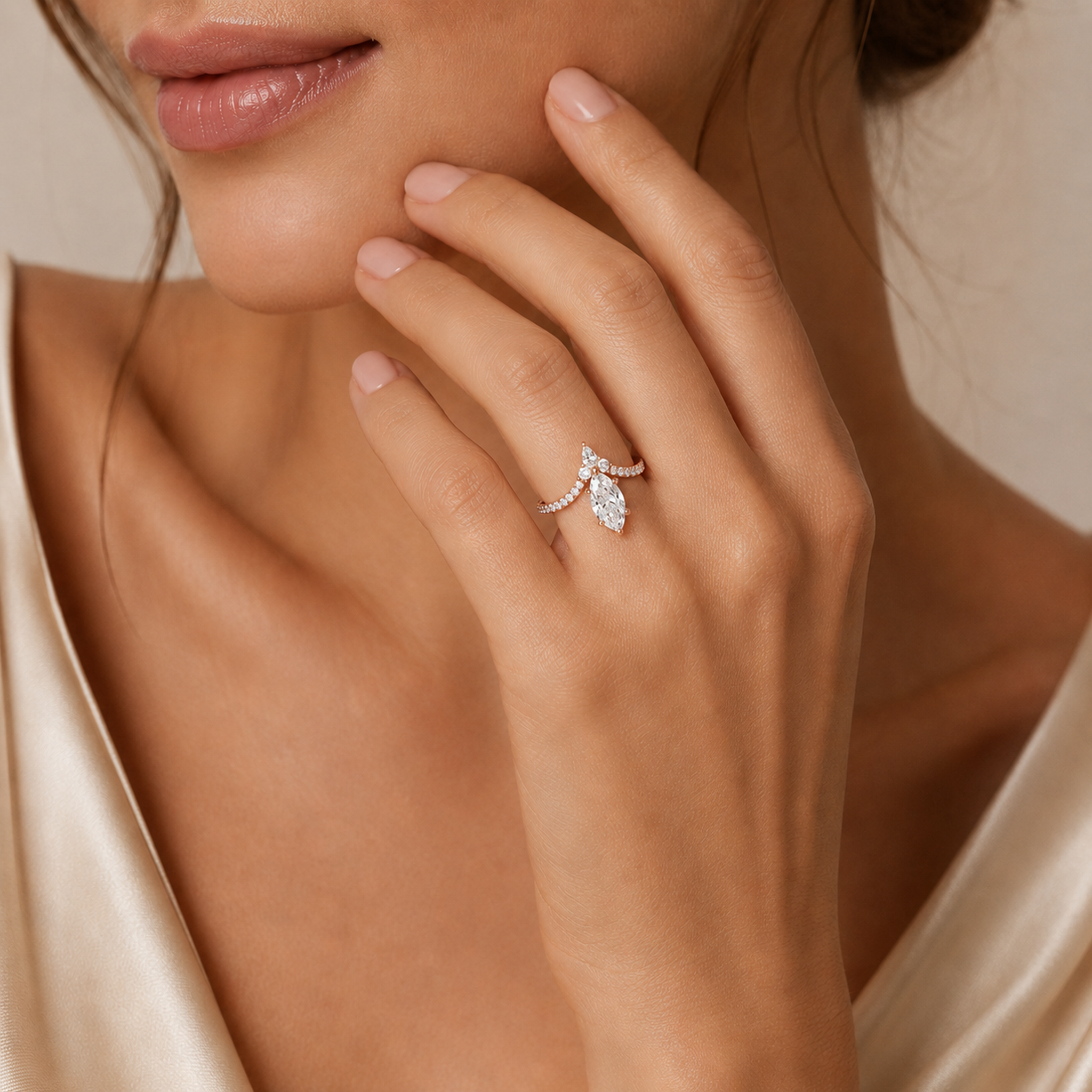 Marquise Tiara Accent Side Stone in 14K Rose Gold wearing
