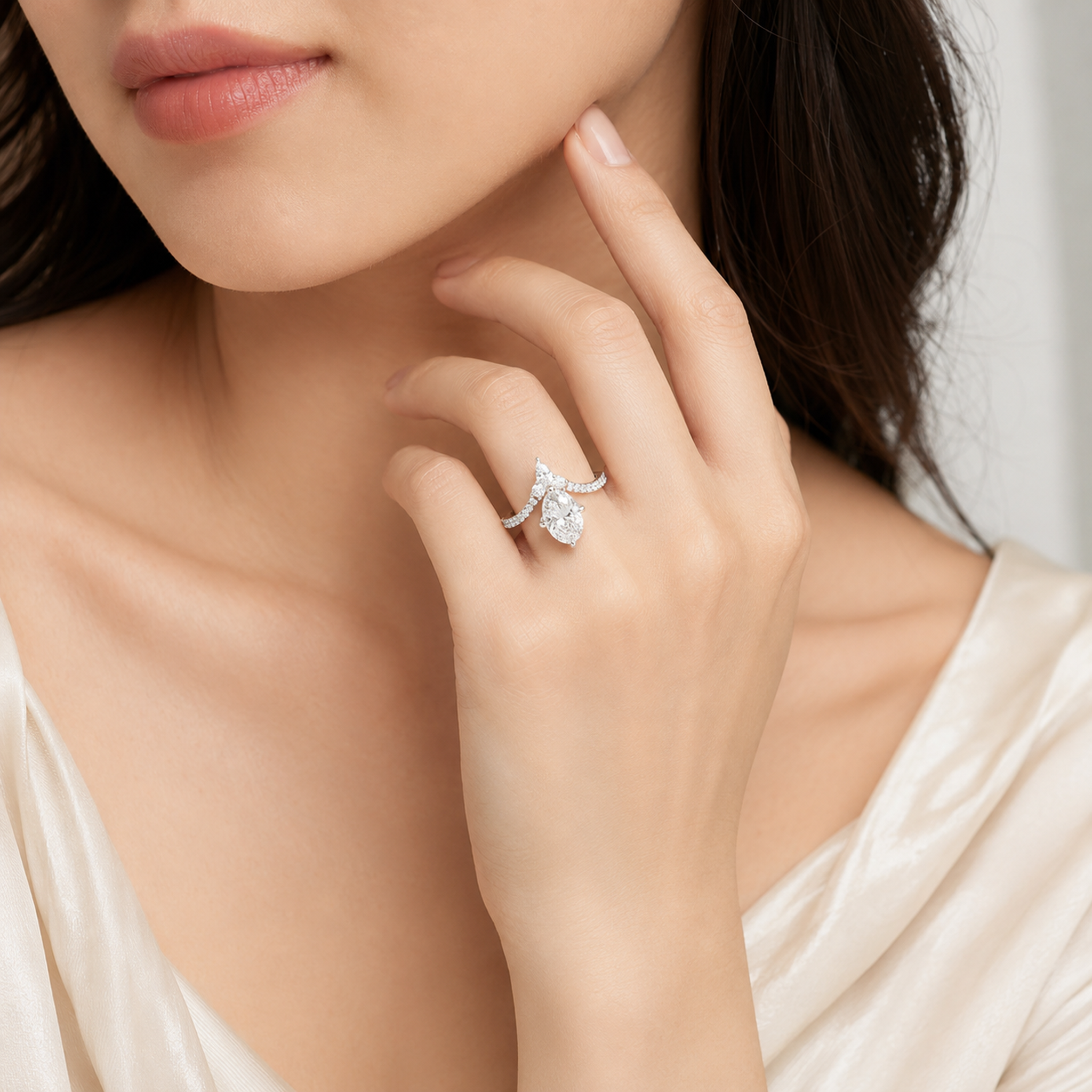 Marquise Tiara Accent Side Stone in 14K White Gold wearing
