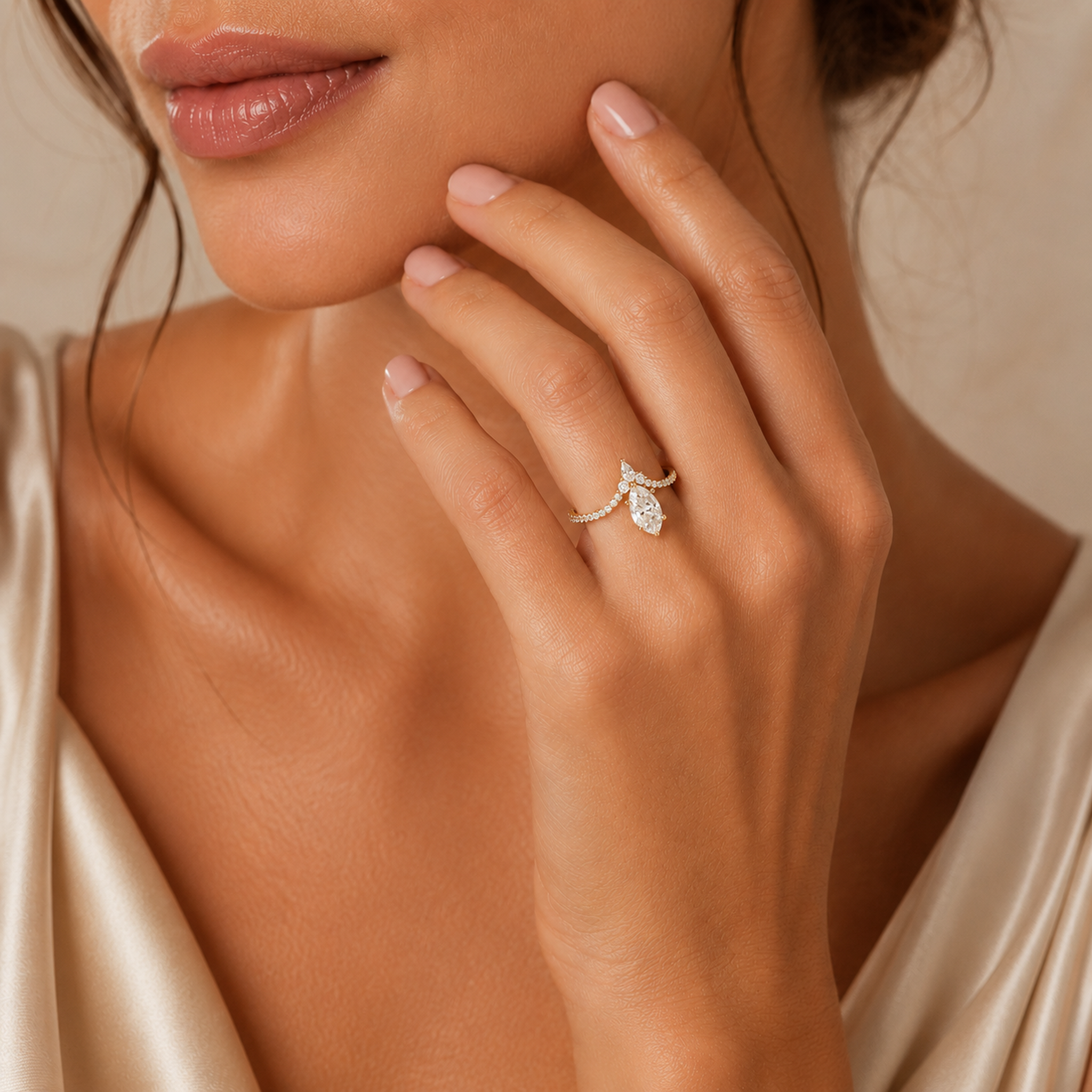Pear Tiara Accent Side Stone in 14K Yellow Gold wearing
