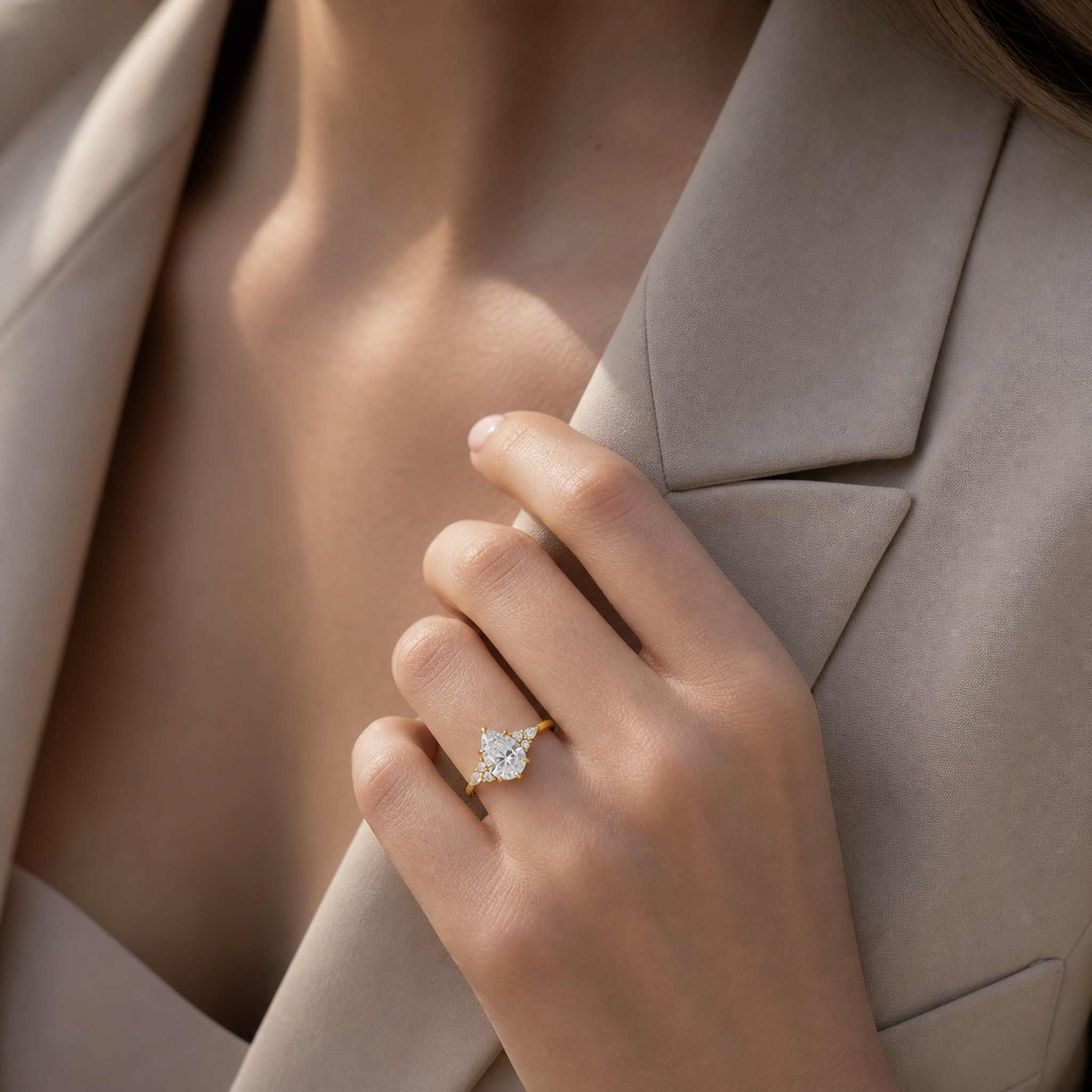 Pear Composite Floral Side Stone in 18K Yellow Gold wearing