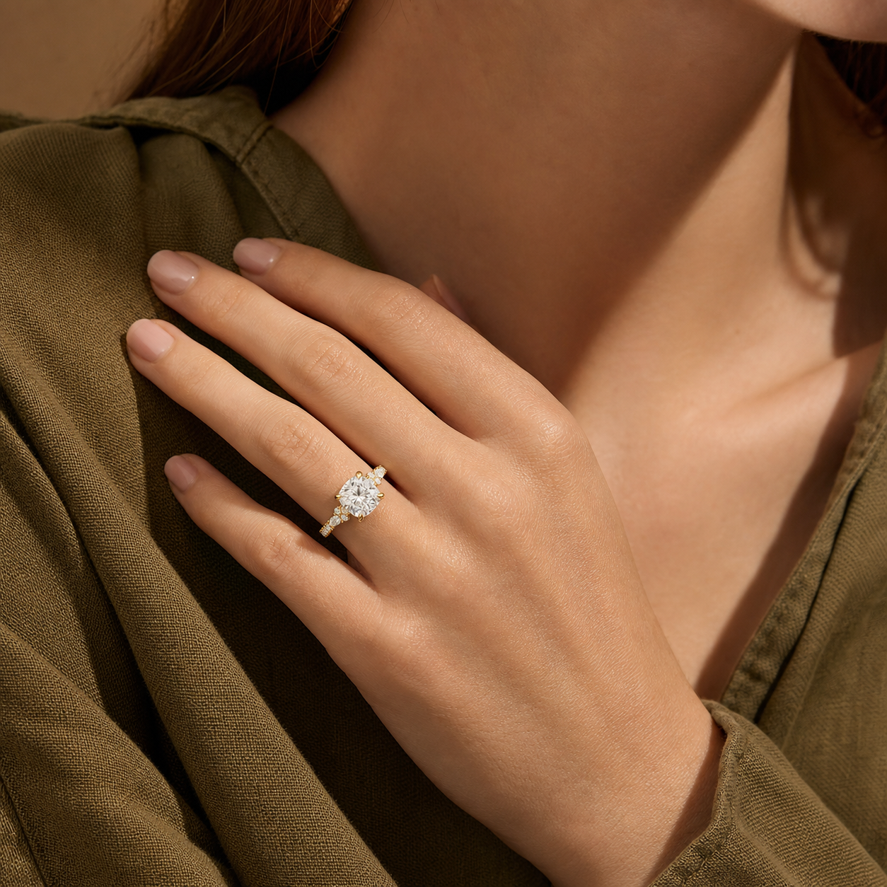 Cushion Celestia Side Stone in 14K Rose Gold wearing
