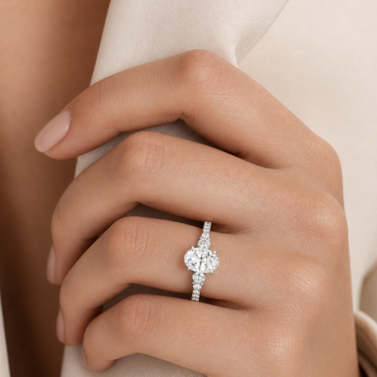 Oval Celestia Side Stone in Platinum wearing