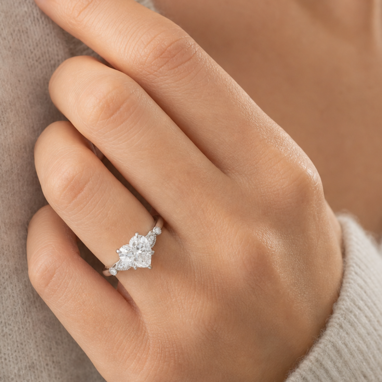 Heart Pear Scroll Side Stone in 18K White Gold wearing