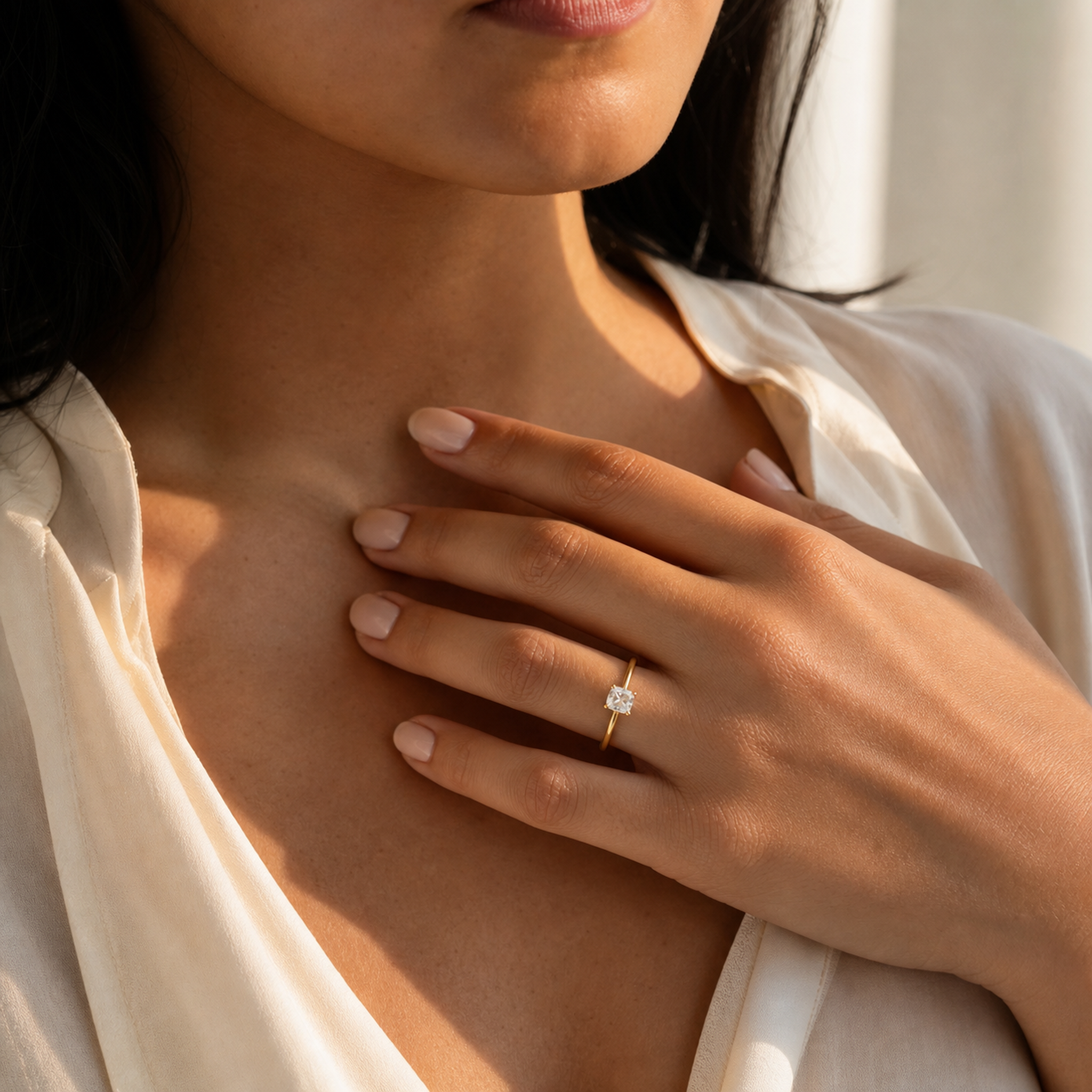 Cushion Petite Classic Solitaire in 14K Yellow Gold wearing