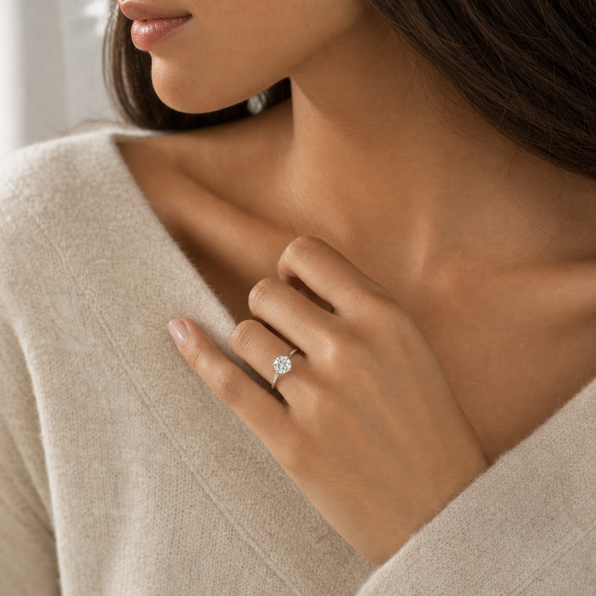 Round Petite Classic Solitaire in 14K White Gold wearing