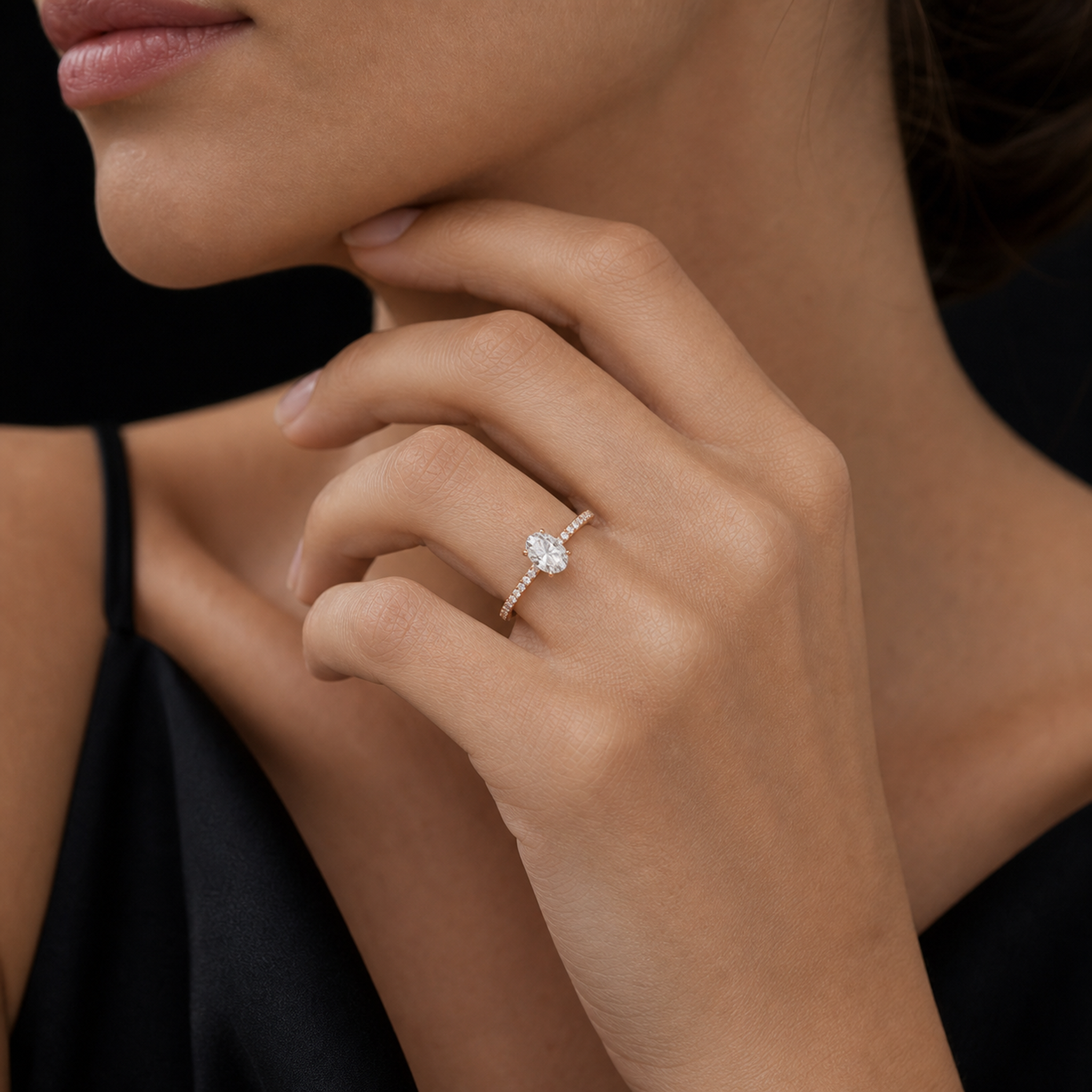 Oval Hidden Halo Crown Pavé in 14K Rose Gold wearing